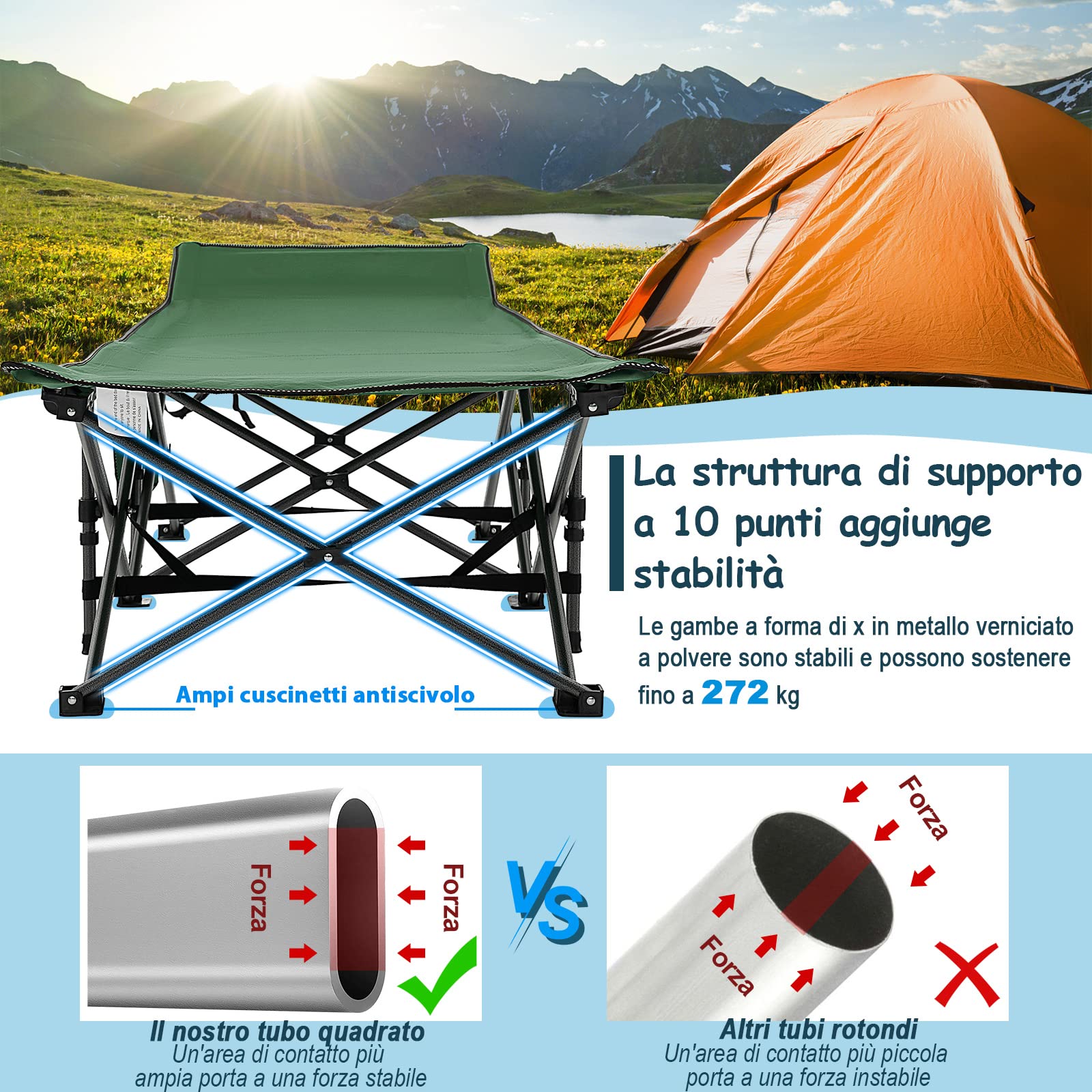 COSTWAY Brandina da Campeggio Pieghevole, Letto Portatile con Poggiatesta Inclinato, Tasca Laterale e Borsa di Trasporto, Branda Campeggio per Backpacking, Ospiti e Pesca, Portata 272 kg