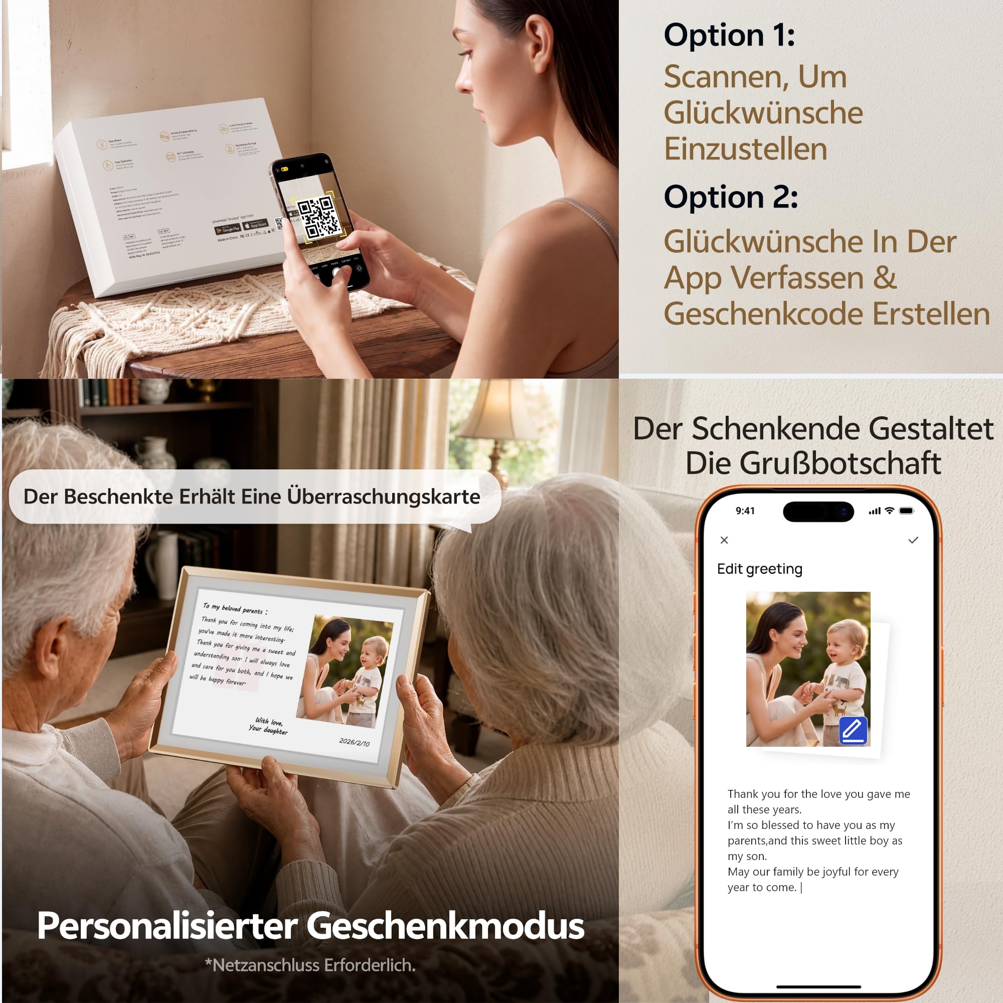 ARZOPA 14 Zoll 2K QHD Metall Digitaler Bilderrahmen ABO‑freier Cloudspeicher Unbegrenzt Fotos & Videos über App Teilen Touchscreen Elektronischer Bilderrahmen Geschenk für die Familie - Golden