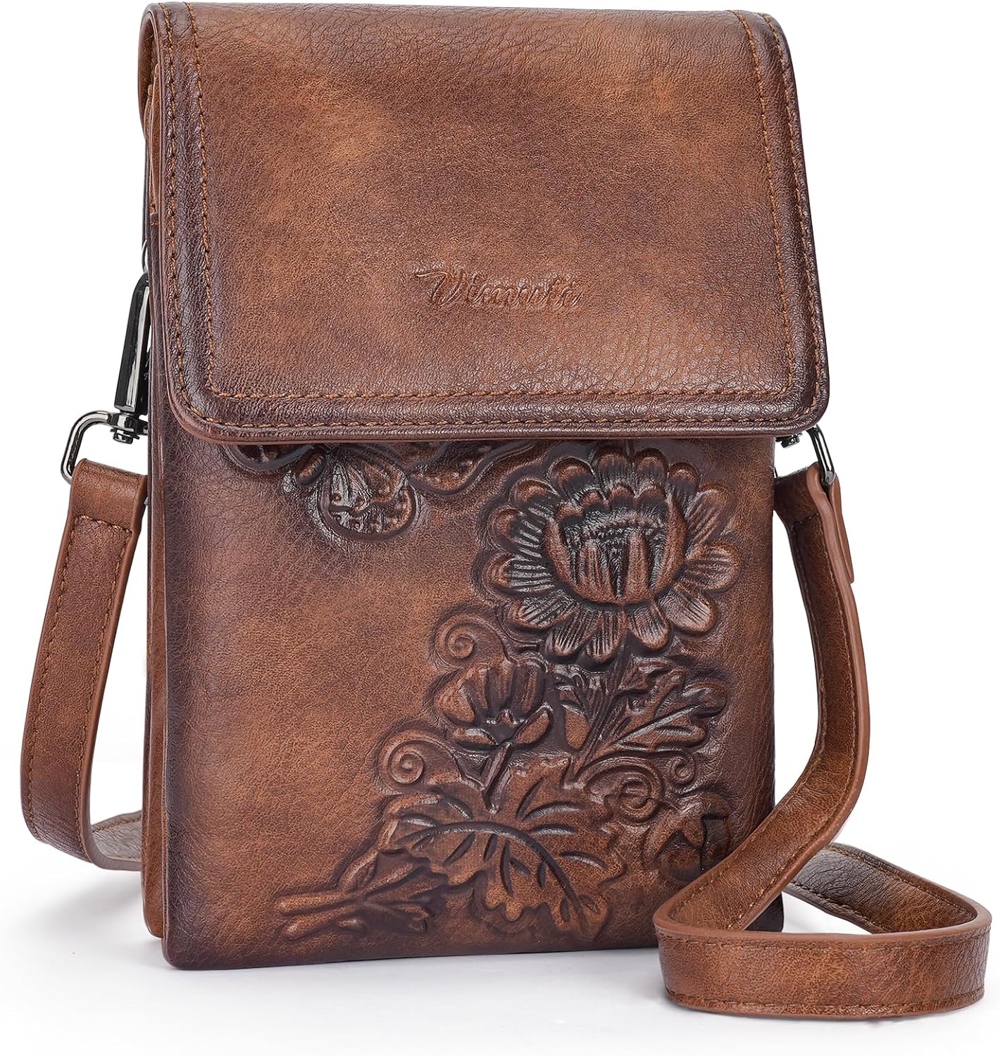 Small Crossbody Bags for Women Trendy Vegan Leather Cell Phone Bag Embossed Flower Design Wallet Purses with Strap