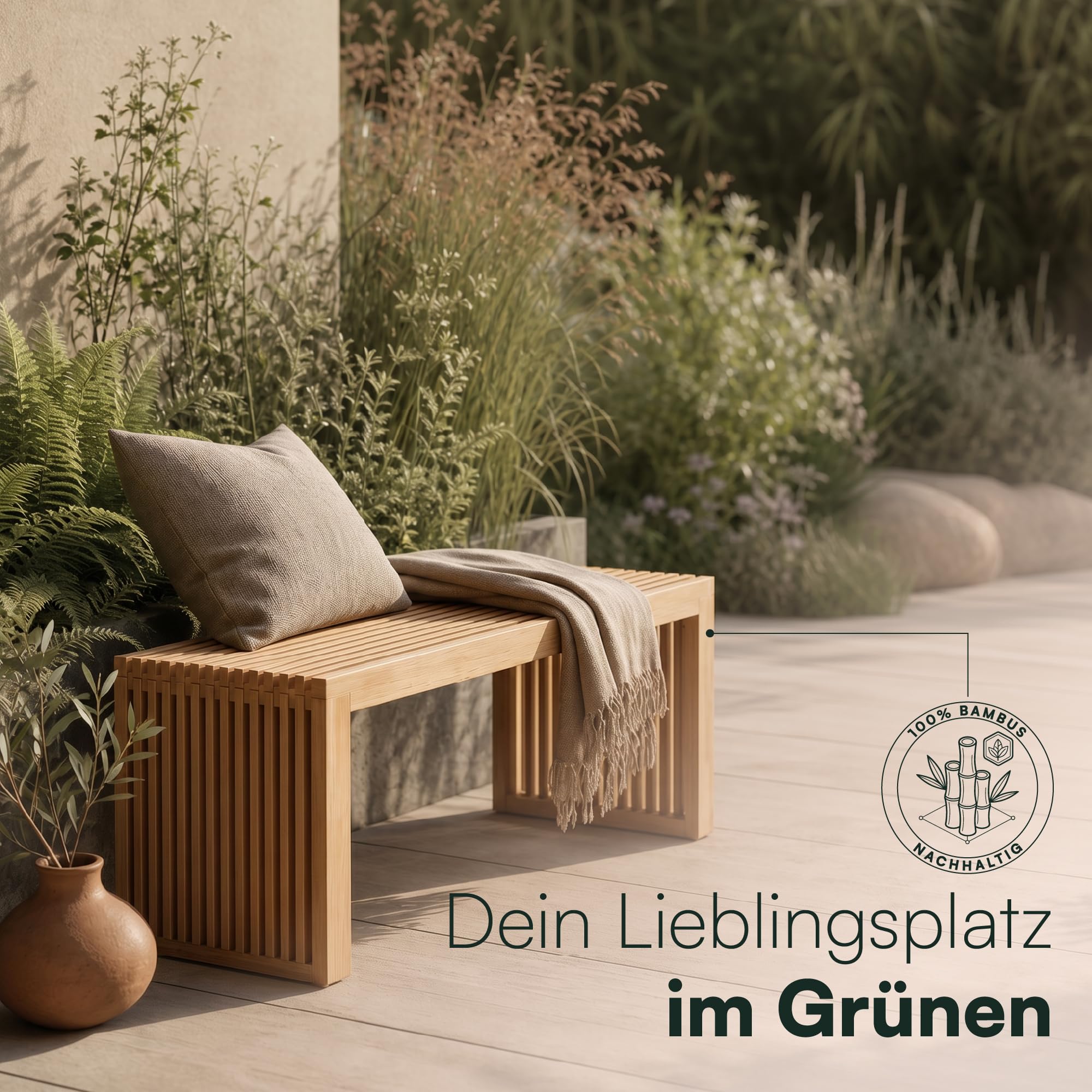 Gartenbank Bambus Wetterfest 2 Sitzer – Holzbank Outdoor ohne Lehne | BAM BOO BOX wetterfeste Gartenbank aus Bambus 90x33x43 cm – Outdoor Sitzbank 2 Sitzer für Balkon & Terrasse