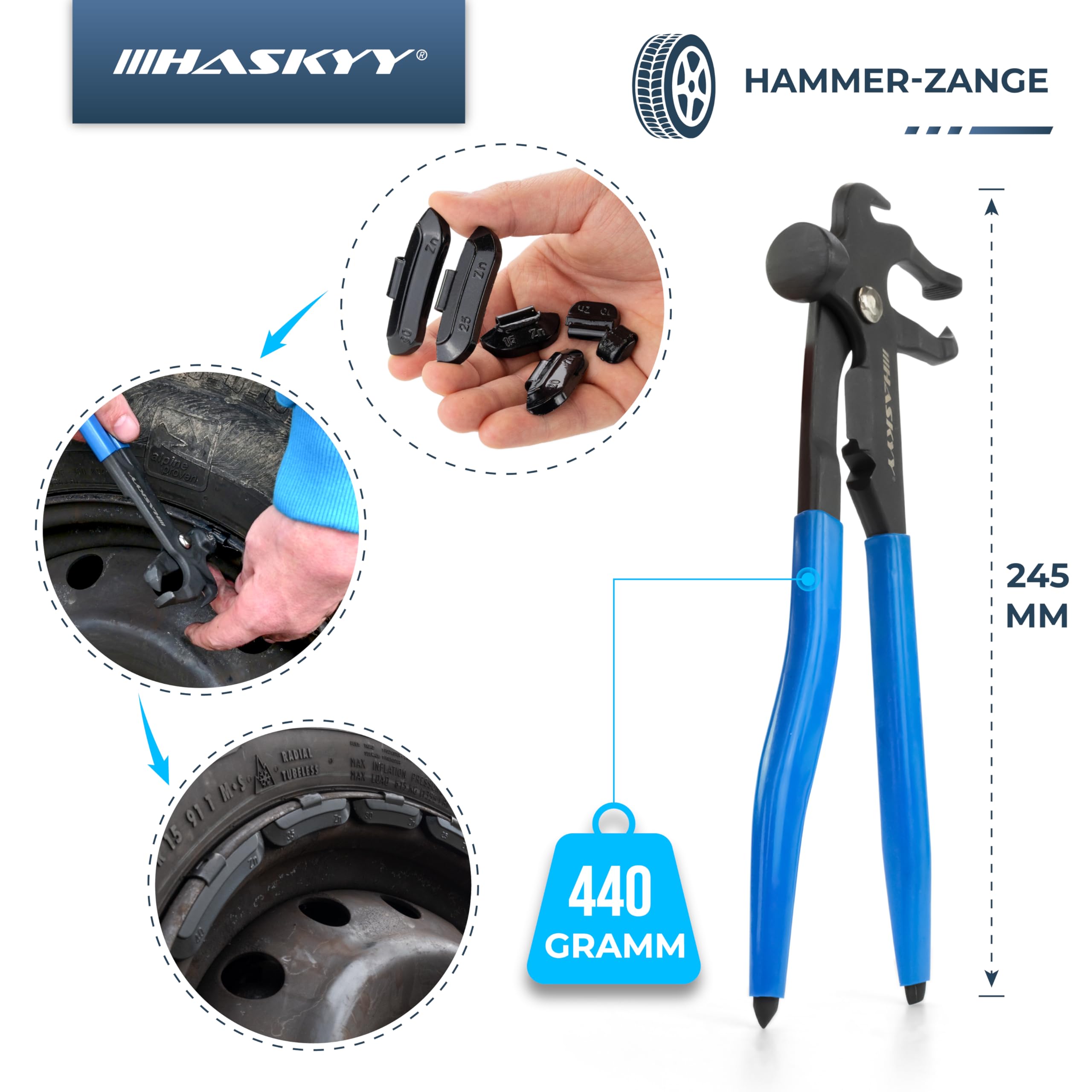 HASKYY Kit d’Outils et Accessoires pour Montage de Pneu (masselotte, grattoir, décapant, démonte-obus, Tire-Valve, Pince pour Masses), Bleu