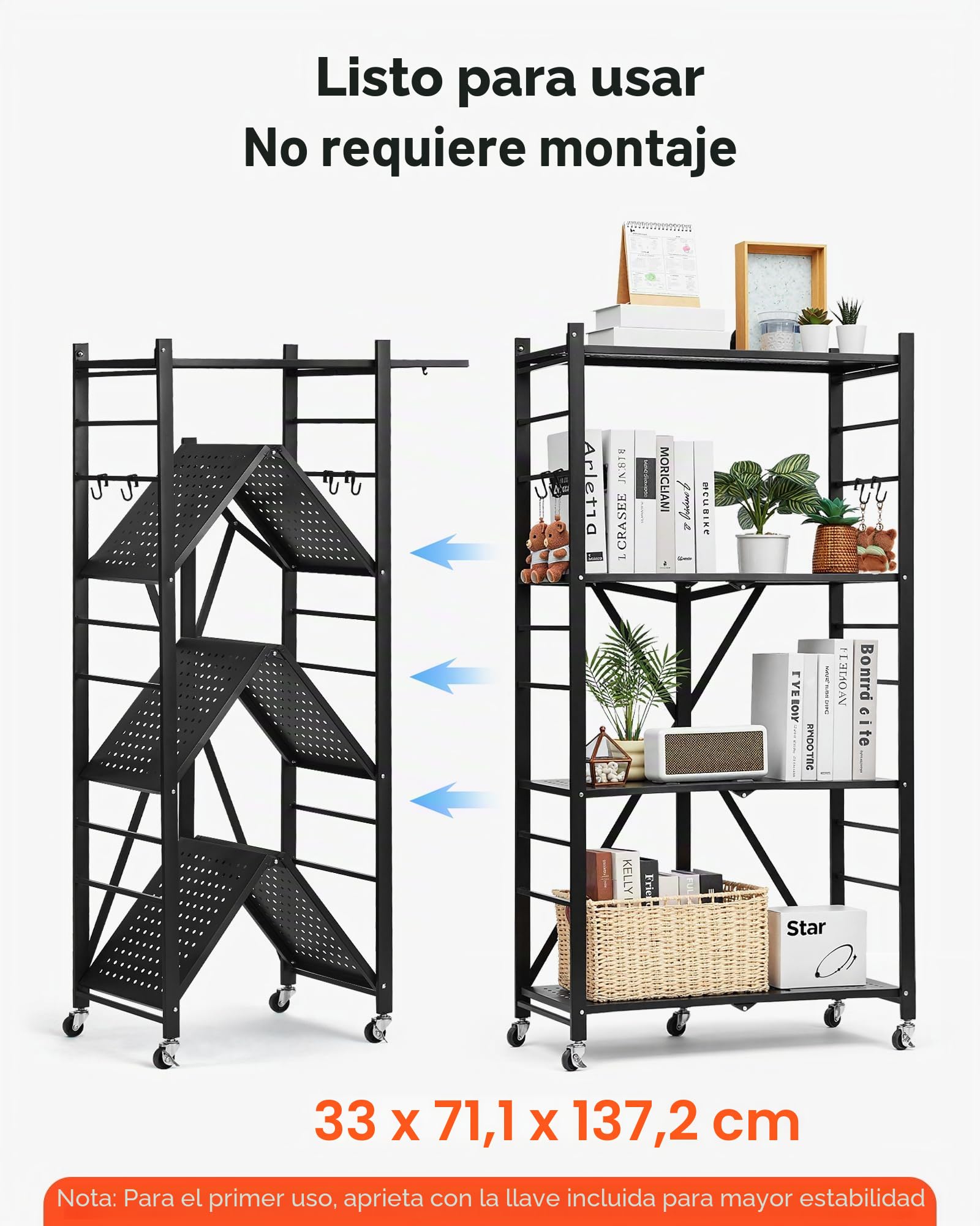 VEVOR Estante de Almacenamiento Plegable de 4 Niveles con Ruedas 71 x 33 x 137 cm Estantería Metálica Móvil Resistente, sin Necesidad de Ensamblaje, Organizador para Garaje, Cocina, Sótano, Negro