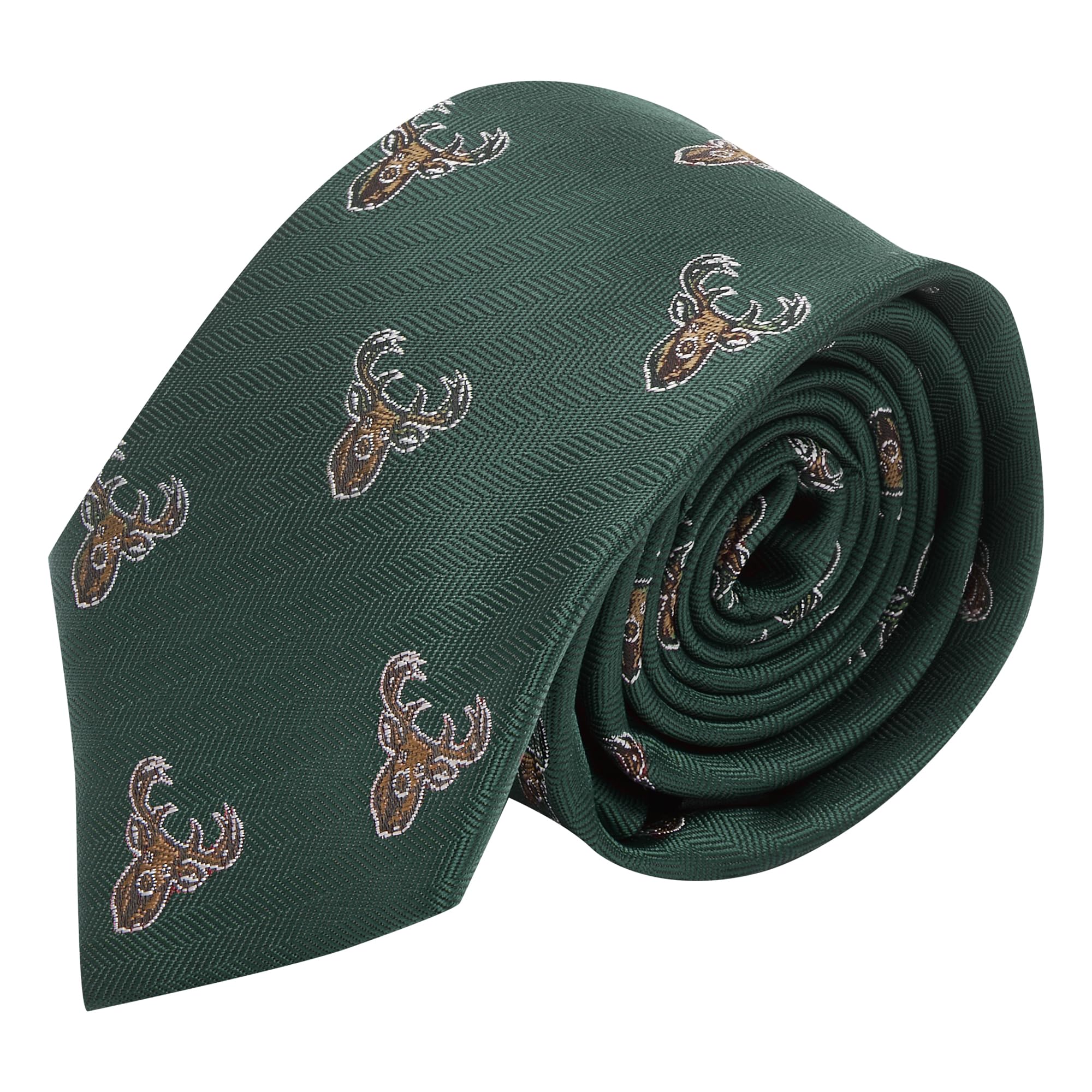 King & Priory Dark Green Herringbone Embroidered Stag Head Tie