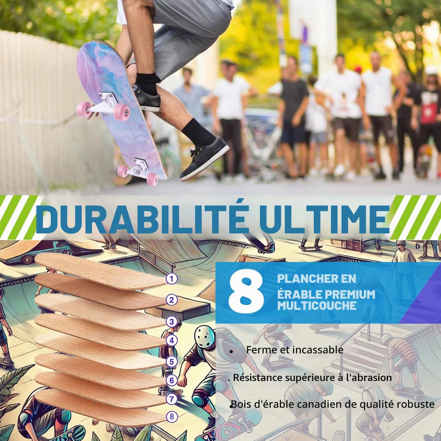 CLYCTIP Skateboard pour Les débutants, 80 x 20 cm Complète Skateboard 8 Plis Double Kick Concave Planche de Roulements ABEC-11 et Anti-Dérapant Roues PU Skate pour Jeunes et Adultes
