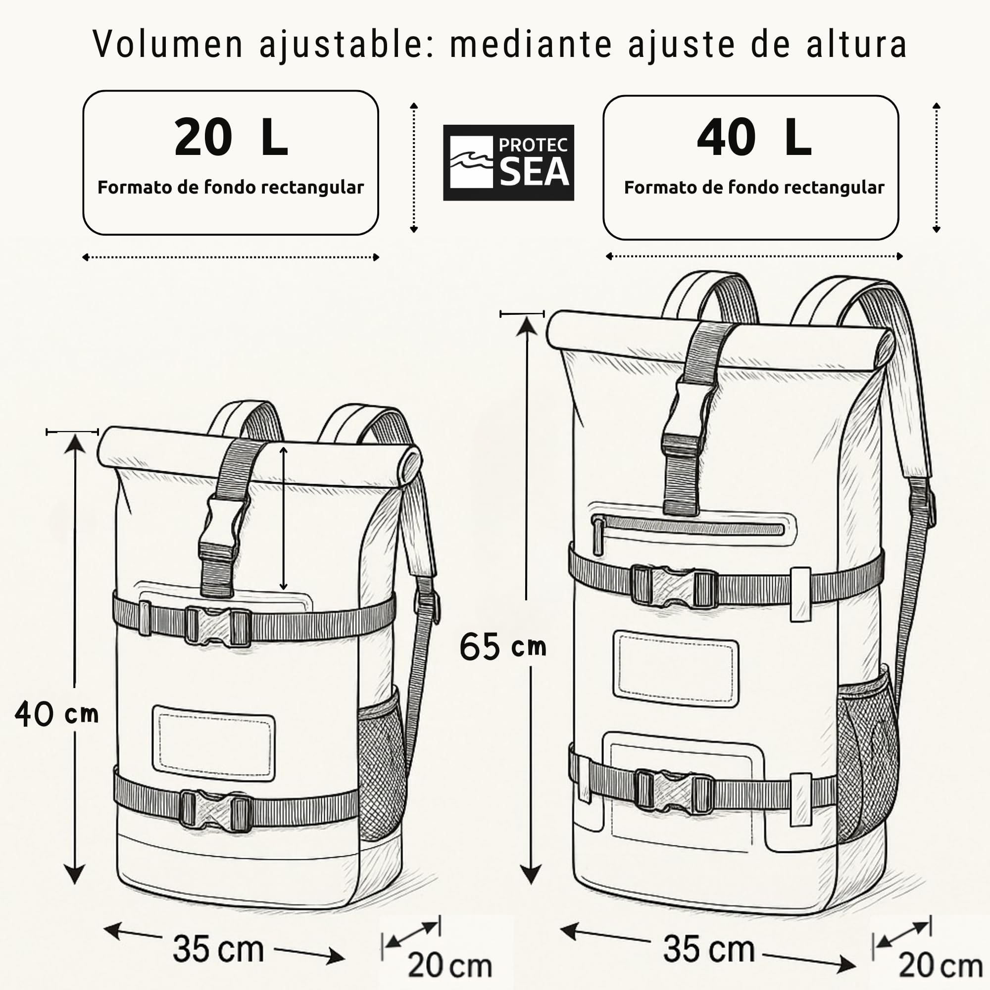 Bolsa de senderismo para mochila y bolsa impermeable | Cremallera de zinc anticorrosión impermeable | Volumen ajustable 20L a 40L | Cómodo transporte | Fijaciones Molle | Bolsillos