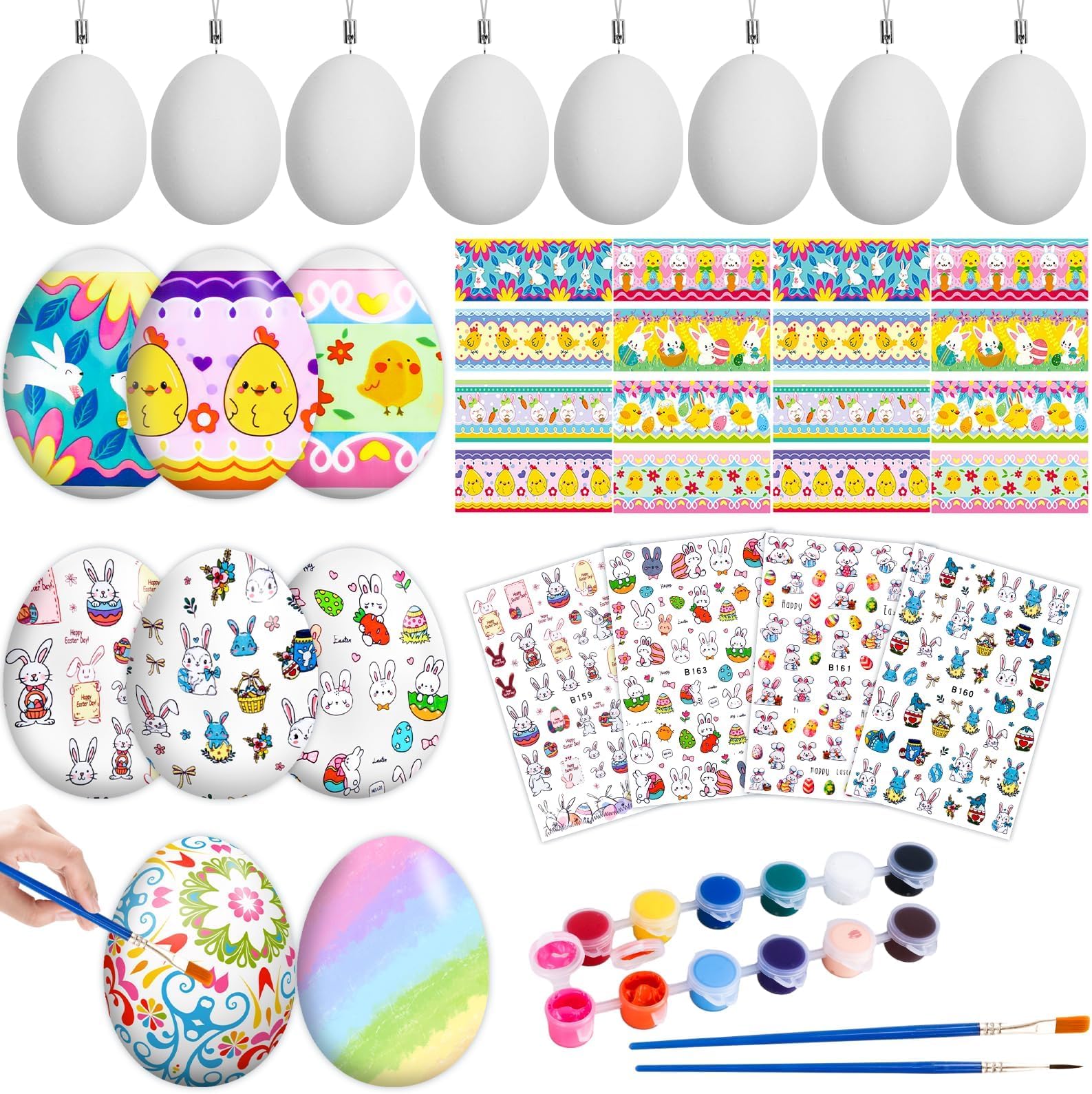50Pcs Easter Egg Decorating Kit, Easter Egg Dye Kit with 16Pcs Plastic White Hanging Eggs, 16Pcs Heat Shrink Film, Easter Stickers, Brushes and Paints, for Easter Party Favor, Egg Hunt, Easter Gift