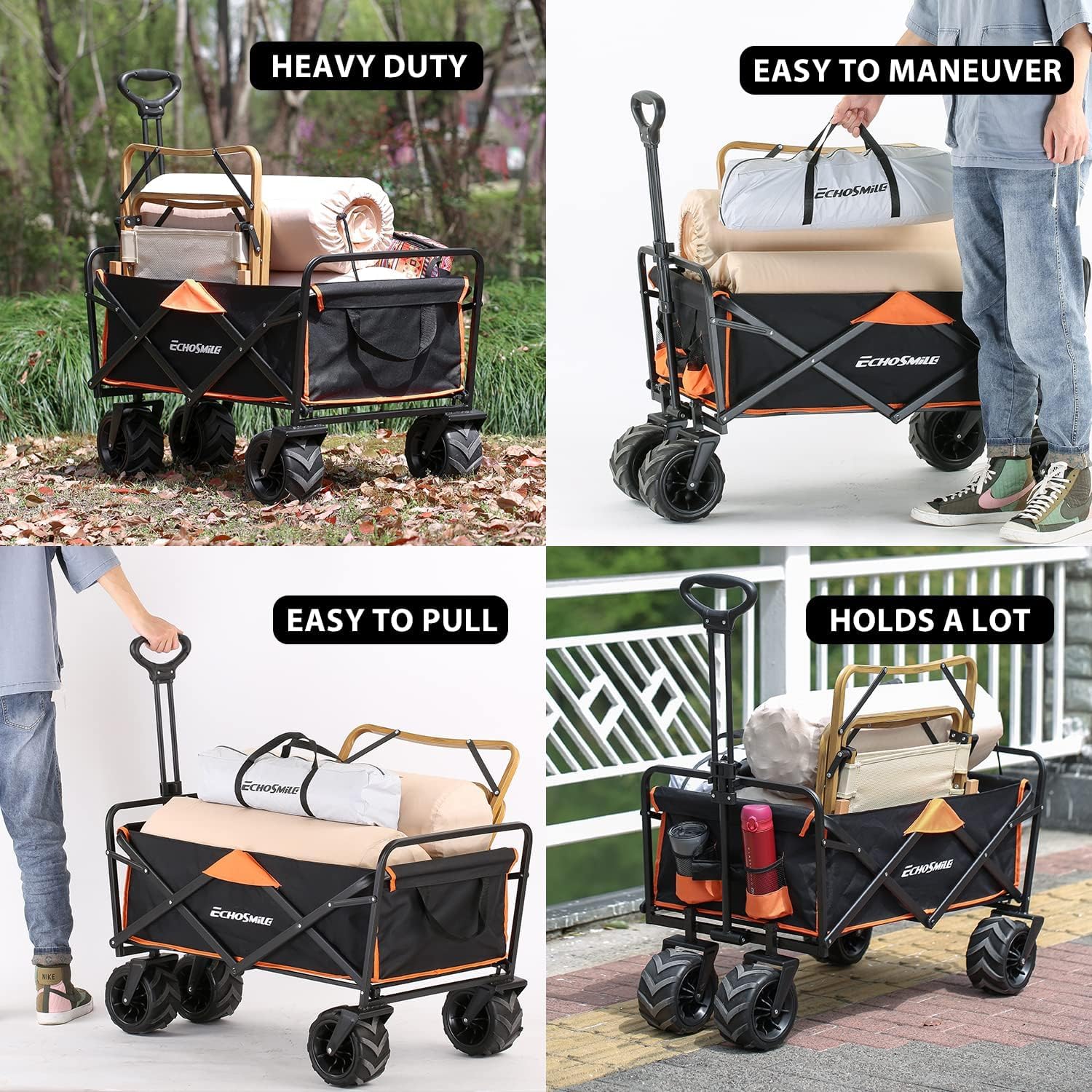 EchoSmile Bollerwagen Faltbar 200L 160KG, Handwagen Transportwagen Klappbar mit Verstellbarem Griff & Seitentaschen, Breite Räder All-Terrain Strandwagen Gartenwagen Einkaufswagen, Schwarz & Orange