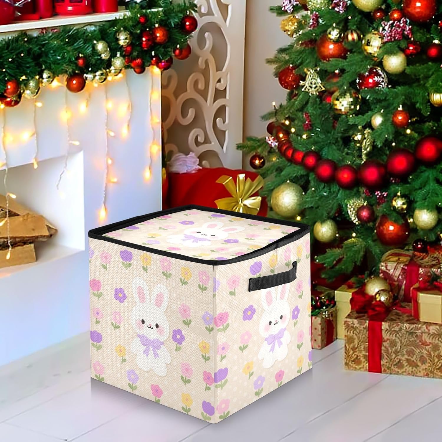 High Capacity Christmas Ornament Storage Box Holds Up to 64, Adjustable Dividers, Zippered Top, Two Handles Large Holiday Storage Case with Lid,Cute Cartoon White Rabbit