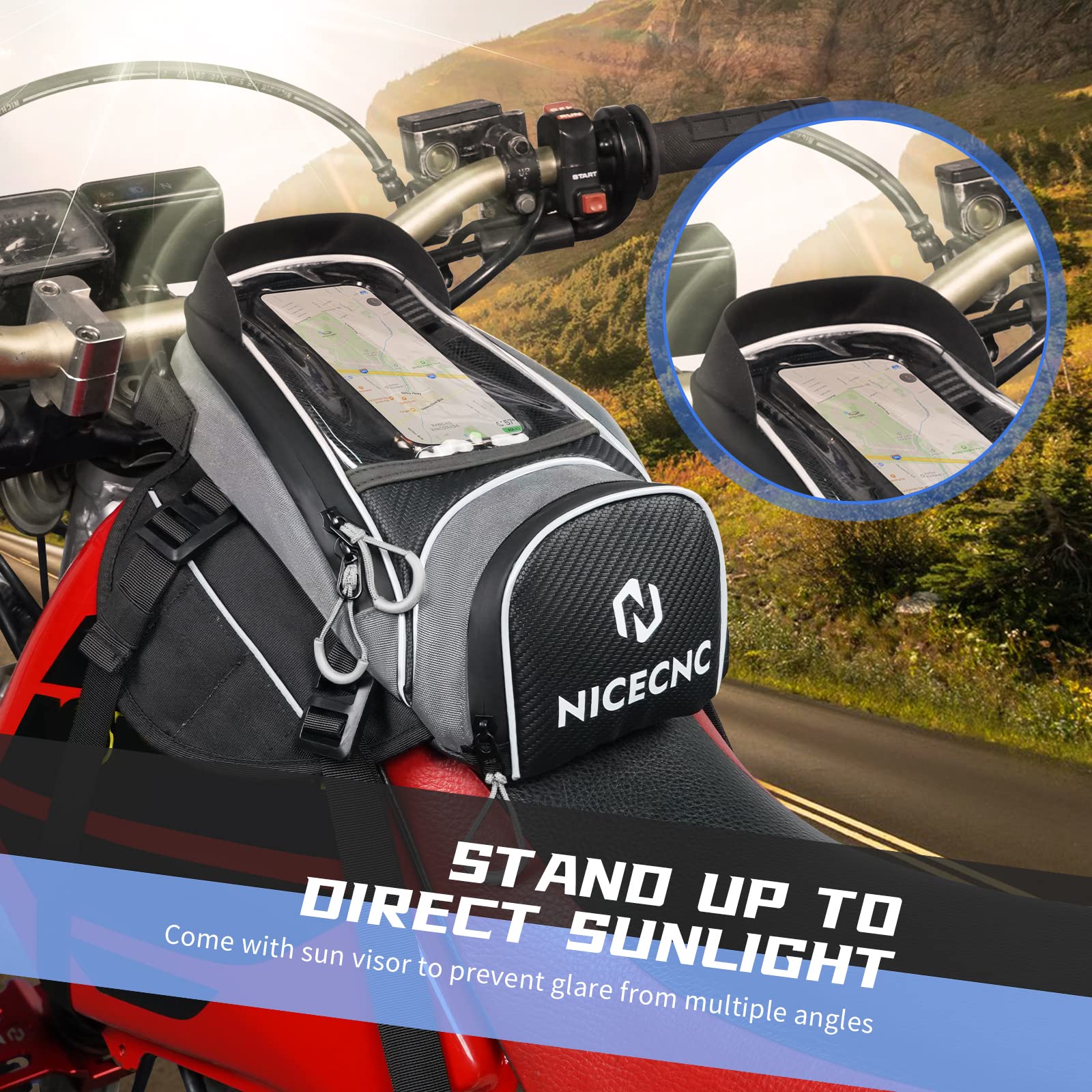 NICECNC Motorrad-Tankrucksack mit Magnetbefestigung, 6 Magneten und 5 verstärkten Riemen, Abnehmbarer Rutschfester Boden, tragbar, Aufbewahrungstasche für Dirtbikes