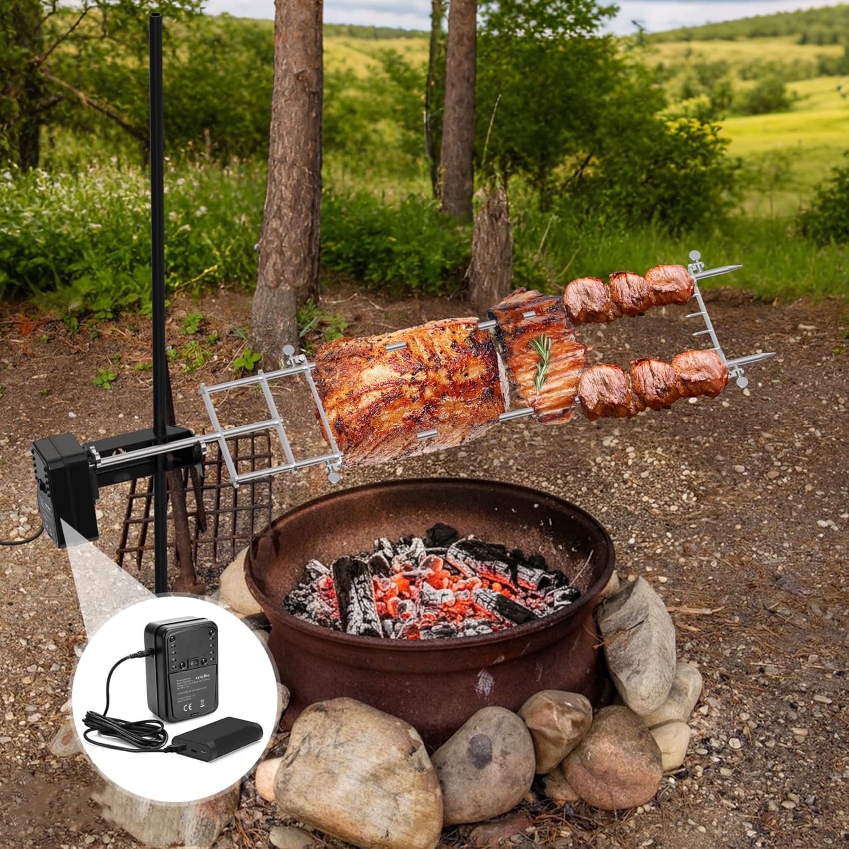 onlyfire Kit per girarrosto elettrico in acciaio inox, resistente, per girarrosto domestico e falò, con borsa per il trasporto