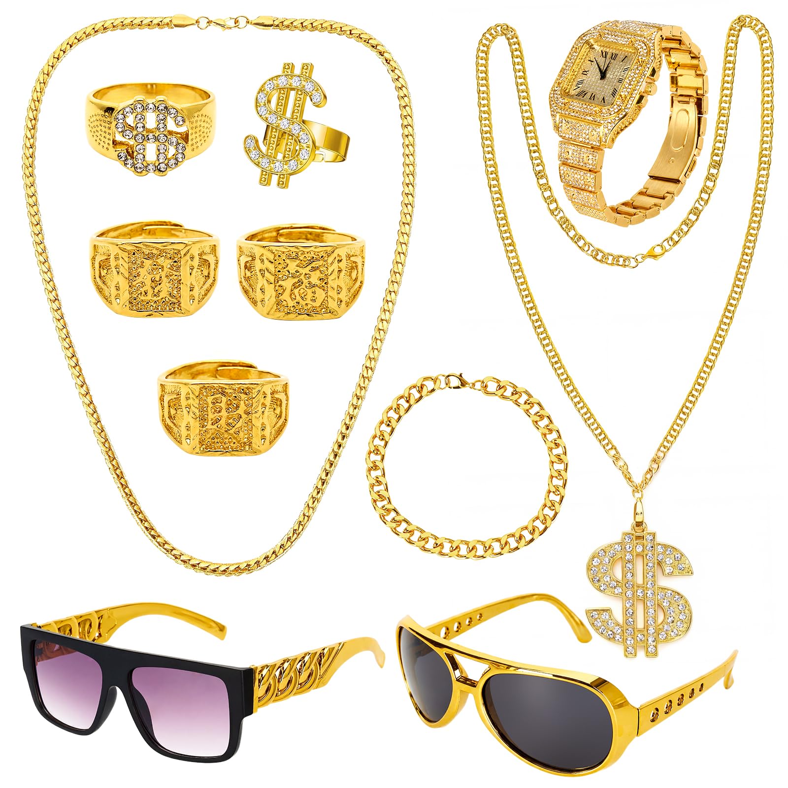 Iyxeo 10 Pcs Hip Hop Costume Kit, Fake Gold Chain, Gold Chain Dollar,80s 90s Fancy Dress Men, Hip Hop Costume Fancy Dress, Hip Hop Ring, Hippie Glasses for Hippie Rapper Disco Outfit