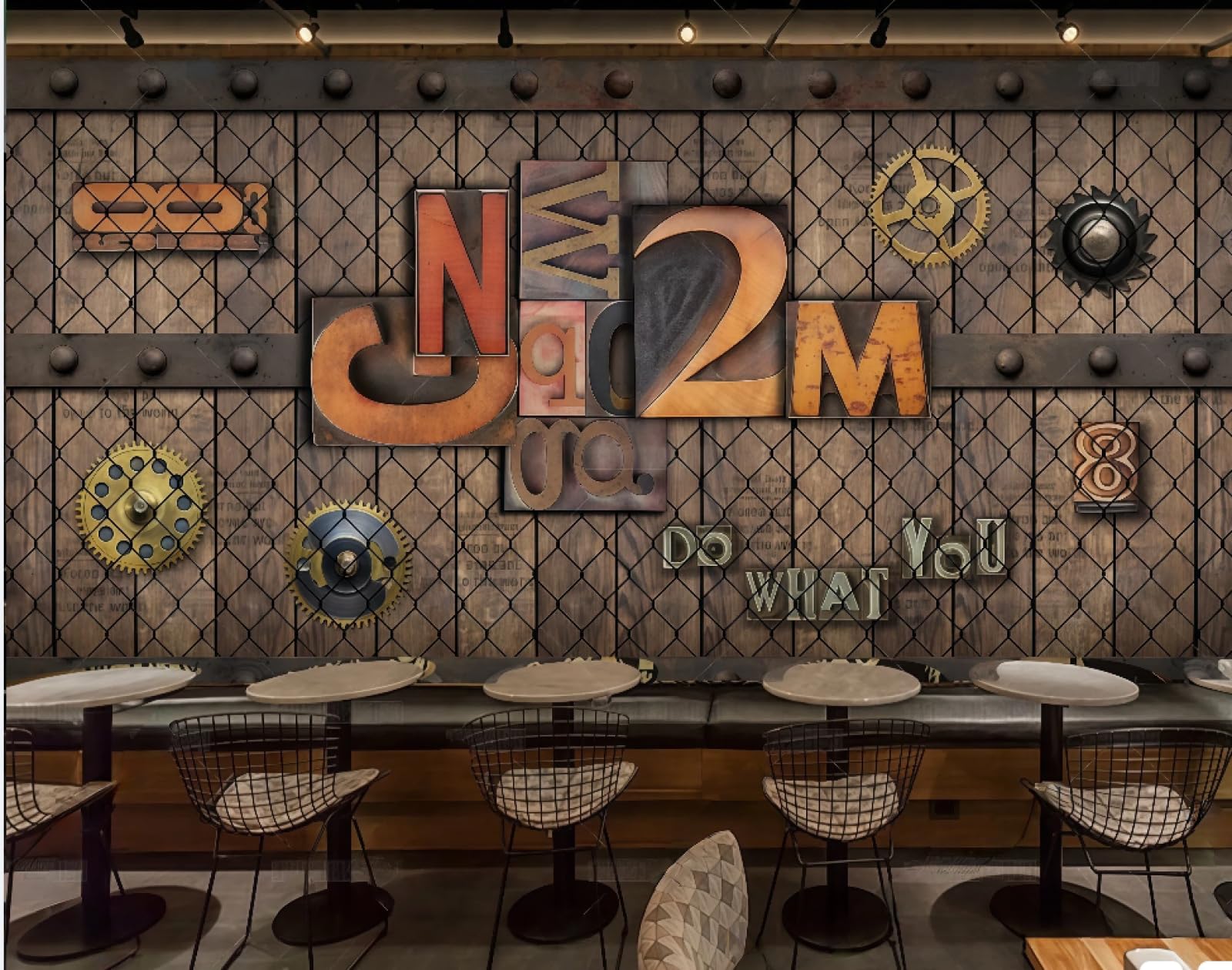 Tapeta nostalgiczny retro drut kolczasty angielskie litery bar centrum handlowe zachodnia restauracja tło fototapeta popołudniowa herbata kawiarnia tapeta 3D, 430 x 300 cm