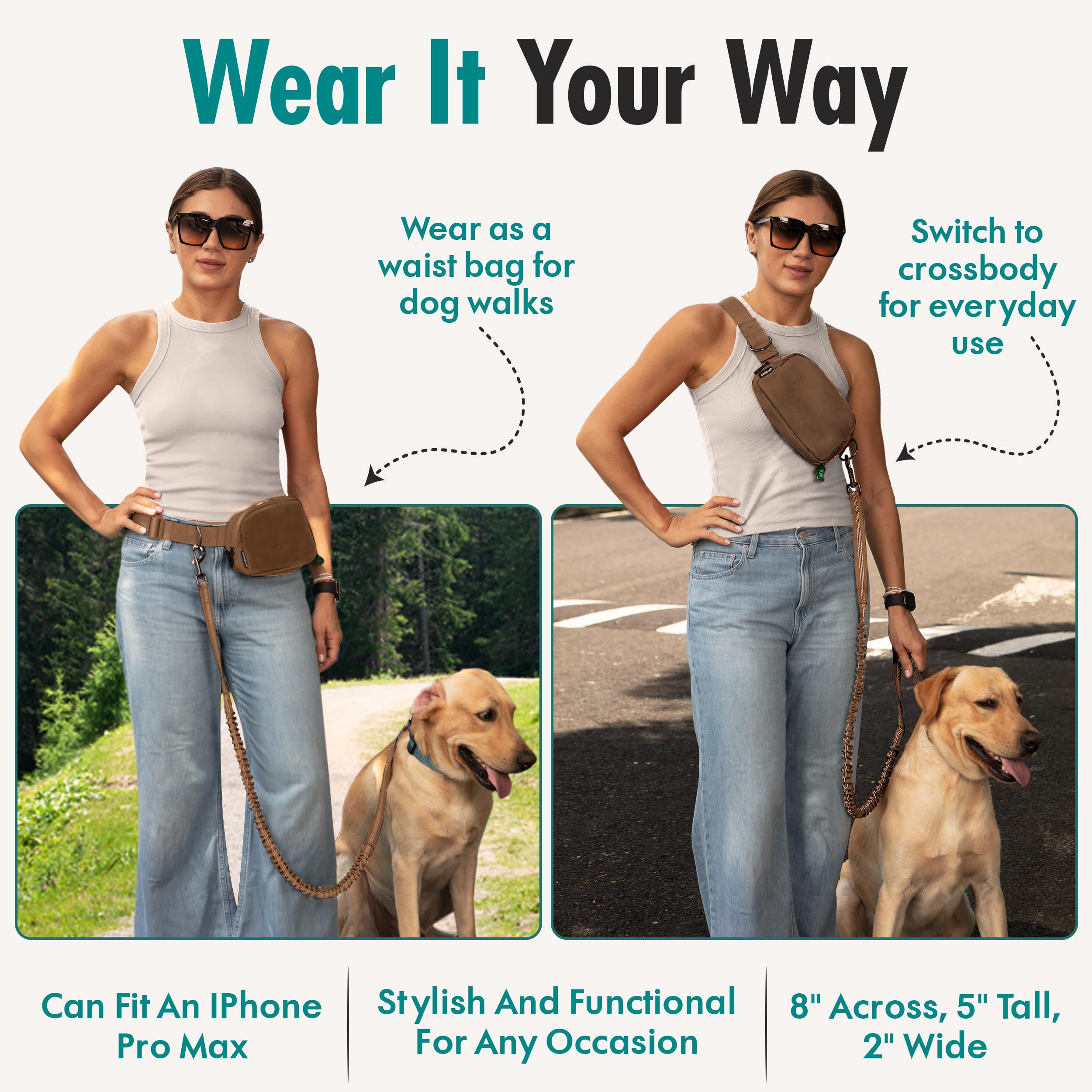 Hands Free Dog Leash with Dog Treat Pouch - Stylish & Trendy Waist Leash for Dog Walking - Wear Around The Waist or Crossbody - Durable & Detachable - Shock Absorbing - Waste Bag Dispenser - image 5