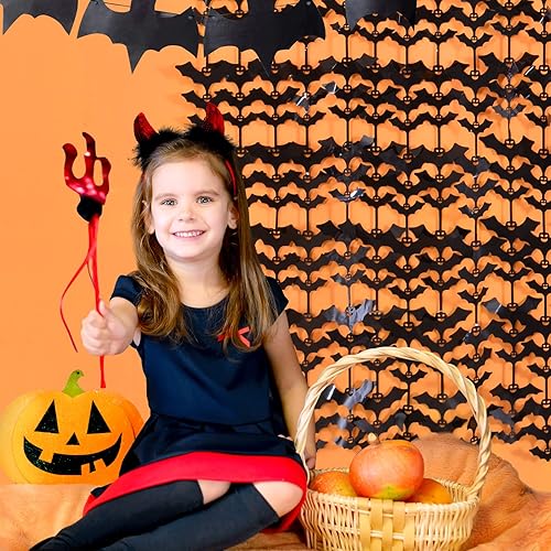 Miniatura 4 de LOLStar Decoración de fiesta de Halloween, paquete de 4 accesorios de cabina de fotos de murciélago negro, cortinas de flecos de aluminio de 3.3 x