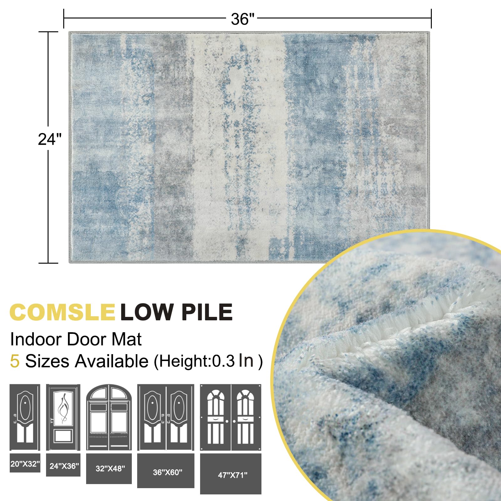 COMSLE Tapete para puerta de entrada, tapete de lana sintética, absorbente, antideslizante, moderno, para entrada, pasillo, patas fangosas, apto para mascotas, 24 x 36 pulgadas, color azul leche,