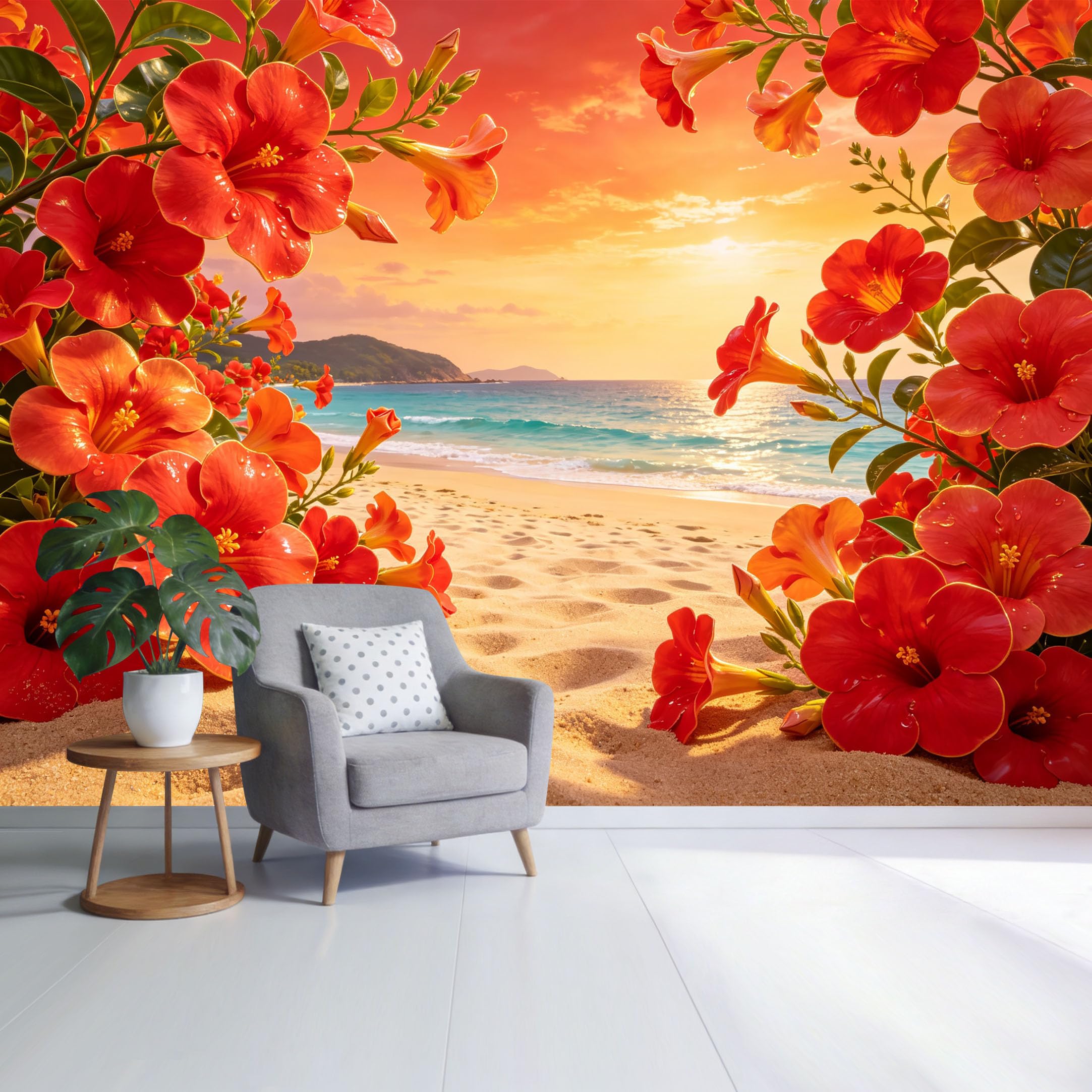 Custom Size Wall Mural Tropical Hibiscus Flowers Beach Sunset Coastal Landscape SelfAdhesive Wall Fabric Removable Wallpaper for Home Office Decor