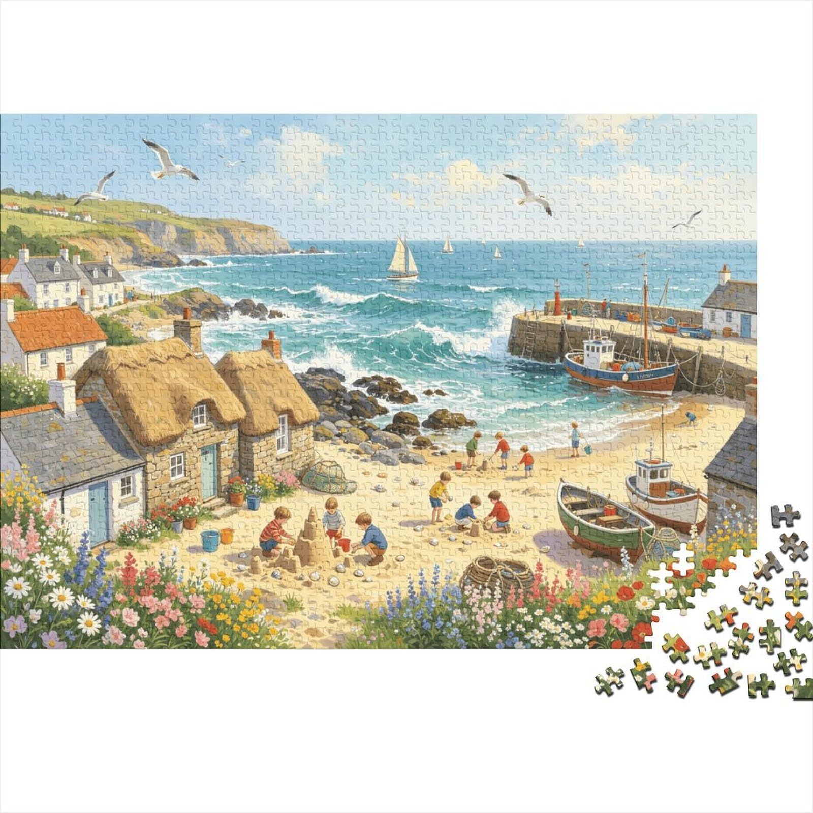 Fishing Village 1000 Piece Jigsaw Puzzles Recycled Coastal Bay Puzzle for Elderly Puzzle Game Props for Family And Friends Birthdays Great Gift 38x26cm/1000pcs