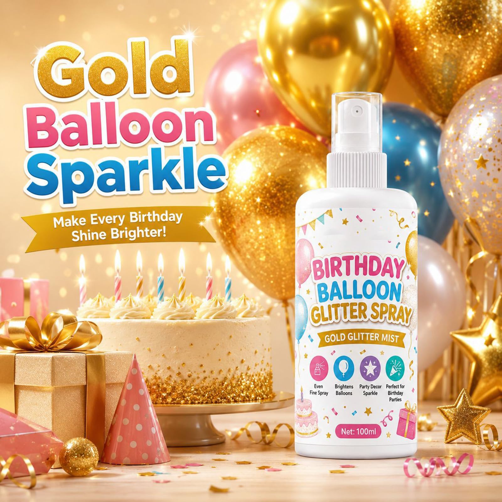 Spray glitter oro per palloncini con polvere scintillante lucida, nebbia scintillante istantanea con brillantini dorati per decorazioni per feste, spray brillante fine per palloncini (6pcs)