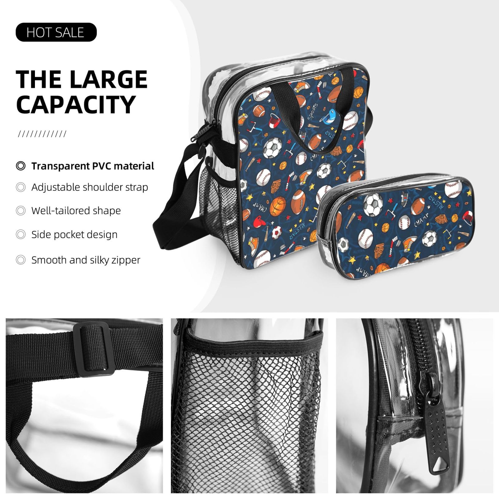 Juego de 3 bolsas transparentes con estampado de juego de béisbol deportivo para niños, bolsa transparente con bolsa de almuerzo aislada incluida