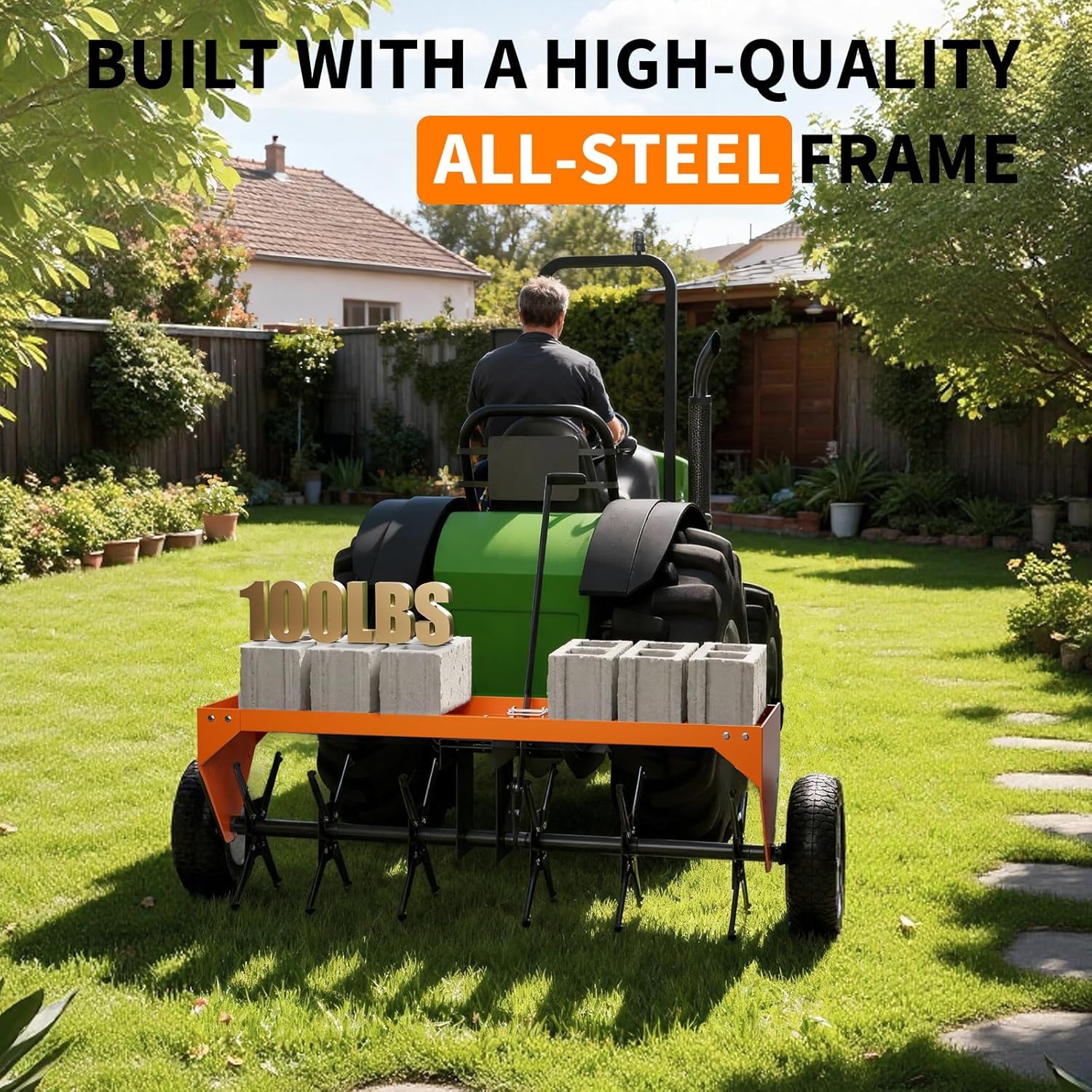 40" Tow Behind Lawn Aerator with 3" Deep Core Aeration for Lawn Tractor and ATV - Tow Behind Plug Aerator with 24 Steel Tines, 150 LB Weight Tray - Effective Soil Aeration for Garden