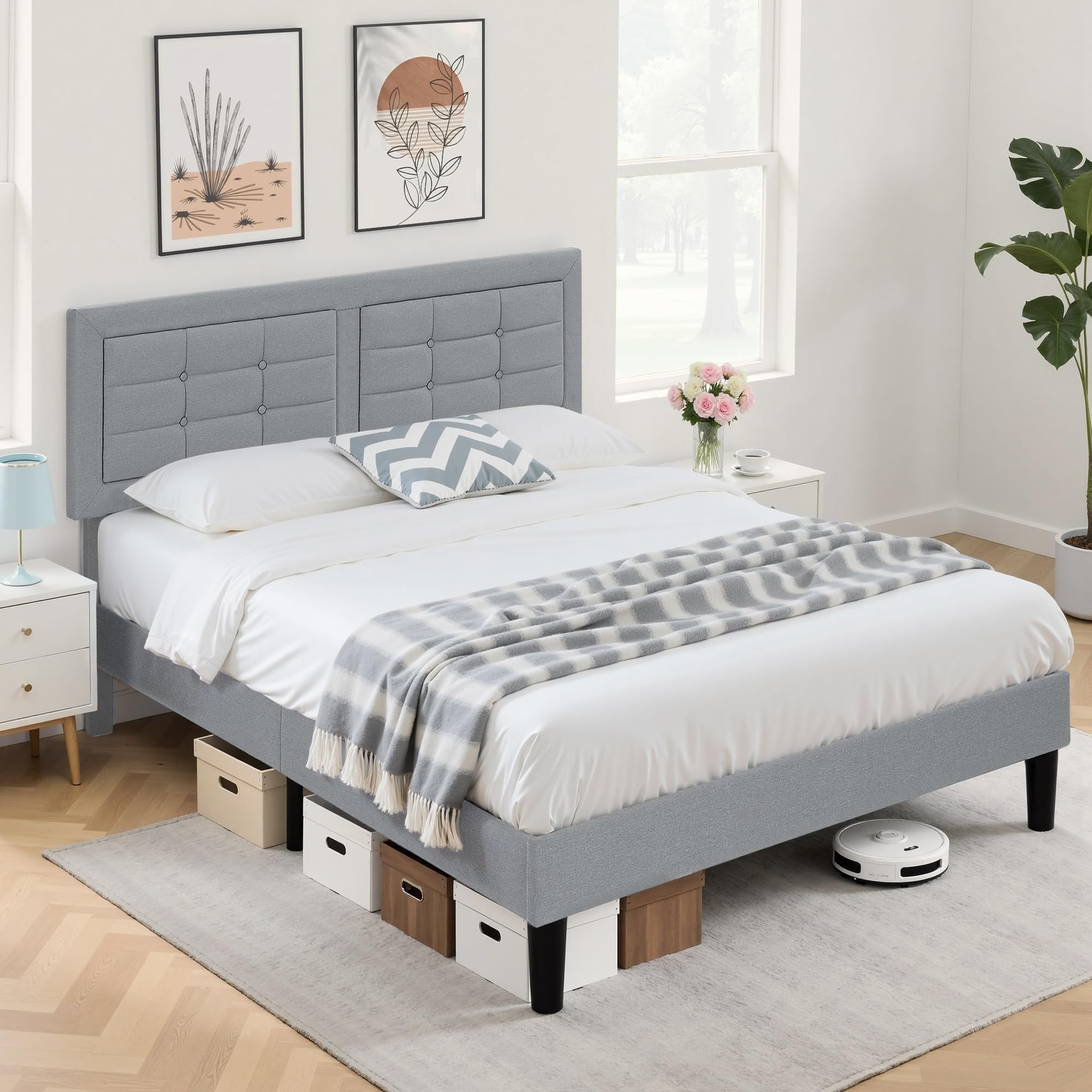 VECELO Polsterbett 140 x 200 cm, Doppelbett mit Höhenverstellbarem Kopfteil, Bett Bettrahmen mit Lattenrost, Gepolstertes Bettgestell Jugendbett für Schlafzimmer Gästezimmer, Hellgrau