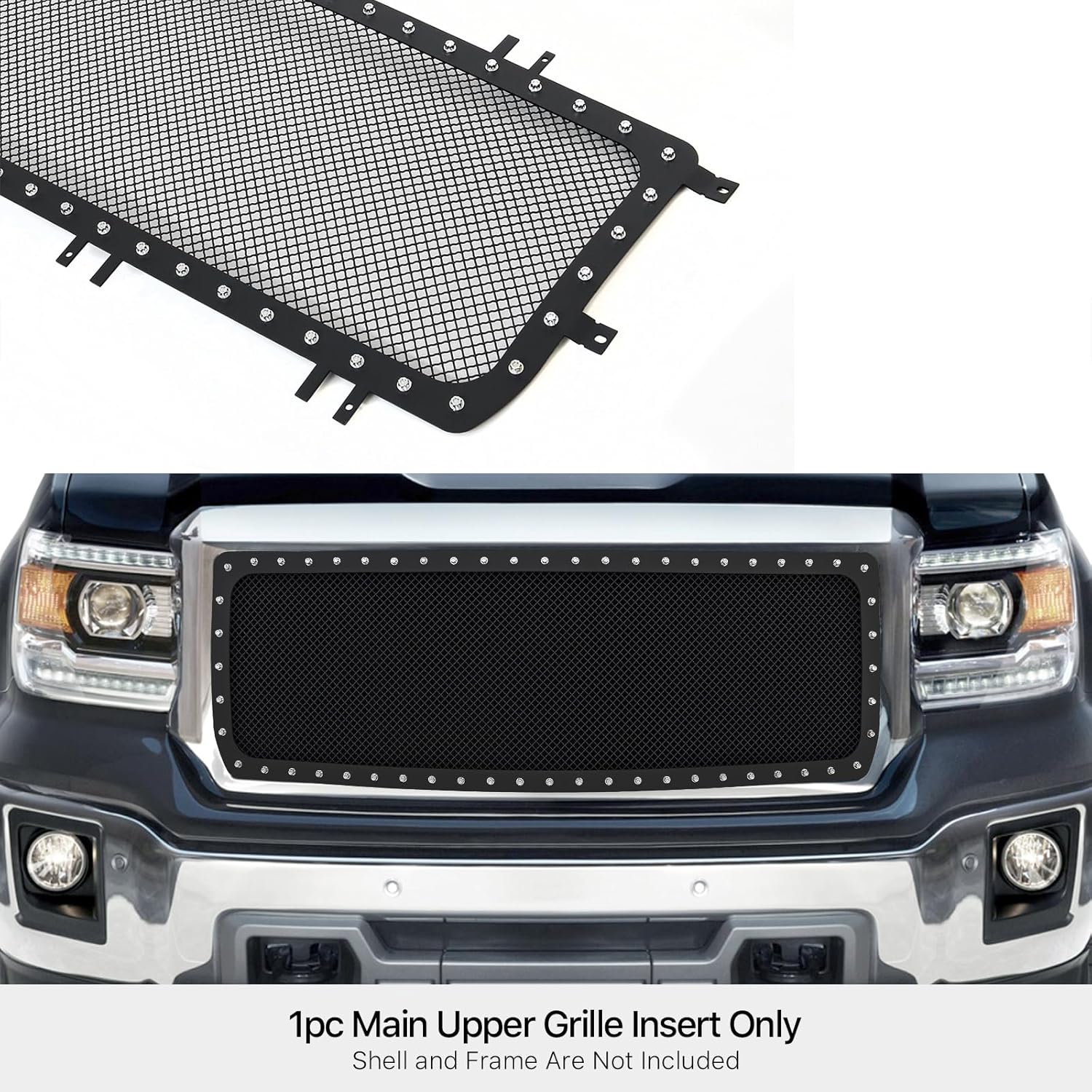 APS Compatible with GMC Sierra 1500 2014-2015 Main Upper Stainless Steel Black Mesh Rivet Studs Front Grill Grille Insert GL5973H