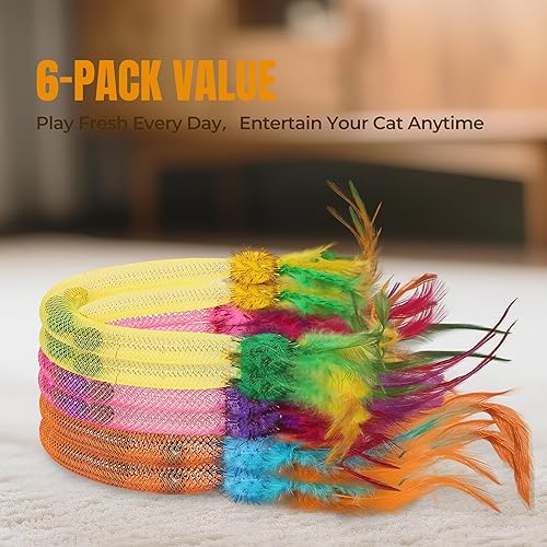 Miniatura 6 de Juguetes de hierba gatera para gatos  Paquete de 6 tubos de malla de plumas con campanas, juego interactivo para masticar para gatos y gatitos de