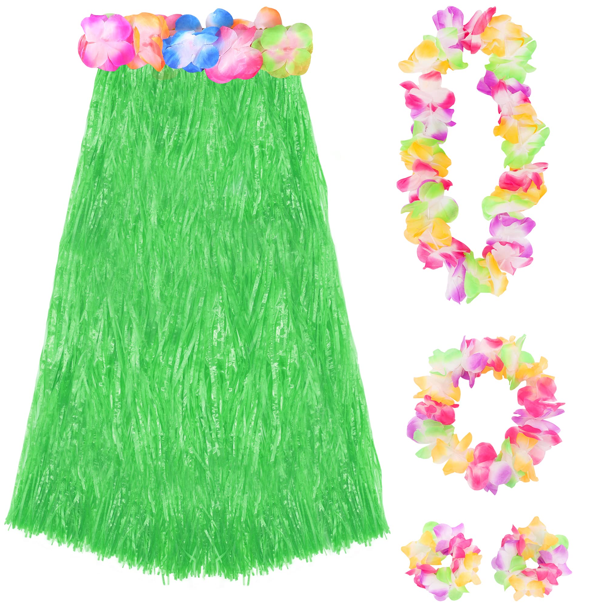 Green Hawaiian Hula Skirt and Multicoloured Lei Set X1 - Flower Necklace, Headband and Bracelet - 80cm Grass Hula - Luau - Fancy Dress Costume Accessory โ image 1