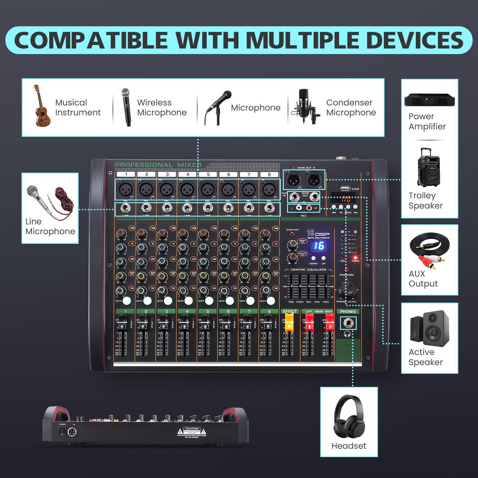 Audio Mixer 8 K, Professionelle Musik Sound Mixer Board mit 48V Phantomspeisung, Digital DJ Mischkonsole mit Reverb USB Port Bluetooth für Aufnahme Karaoke Podcasting