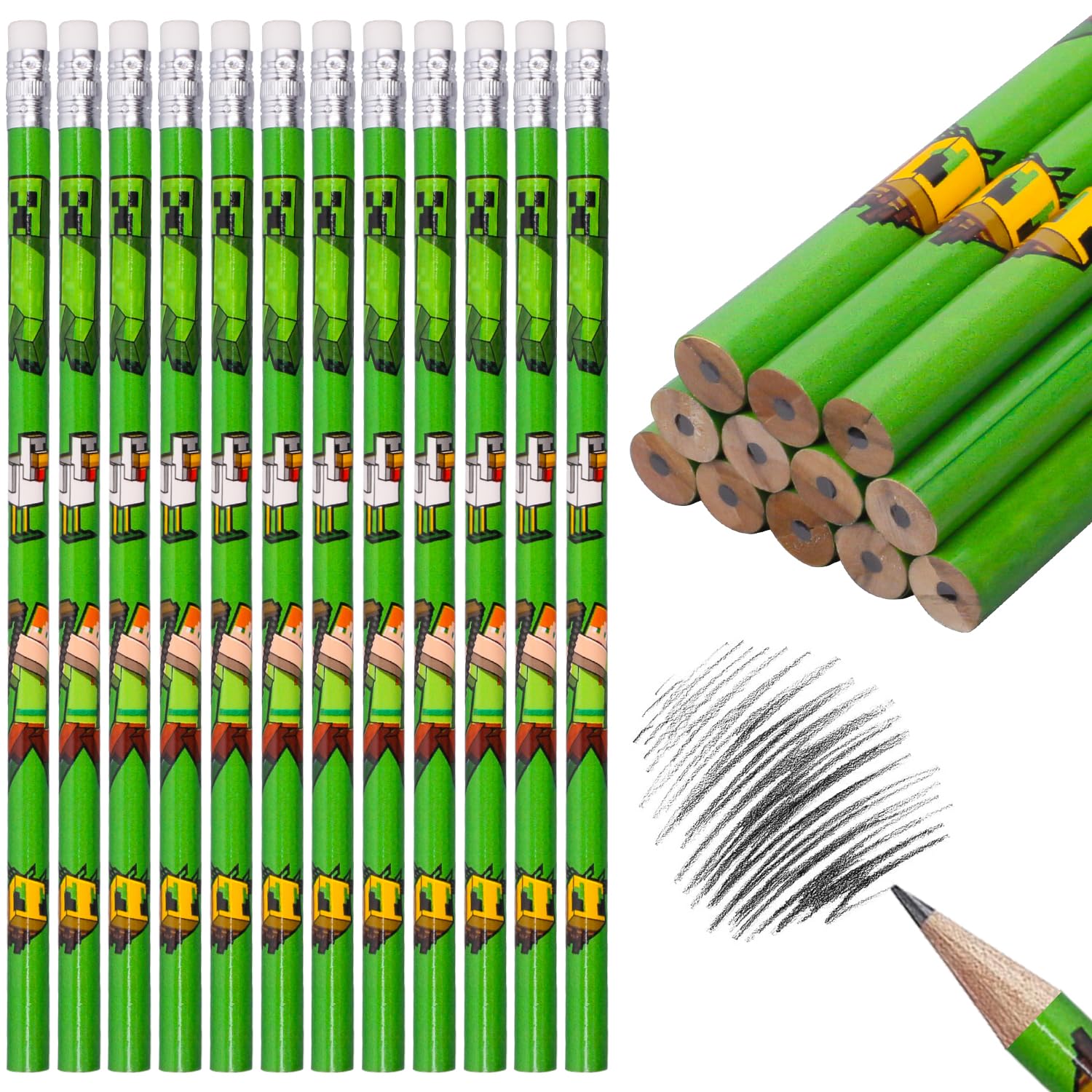 Fizdoqg Mine Pencils 24Pcs Game Wooden Pencil Stationery Set Party Bags Fillers with Eraser for Kids Party Bag Pencils Class Gifts School Supplies