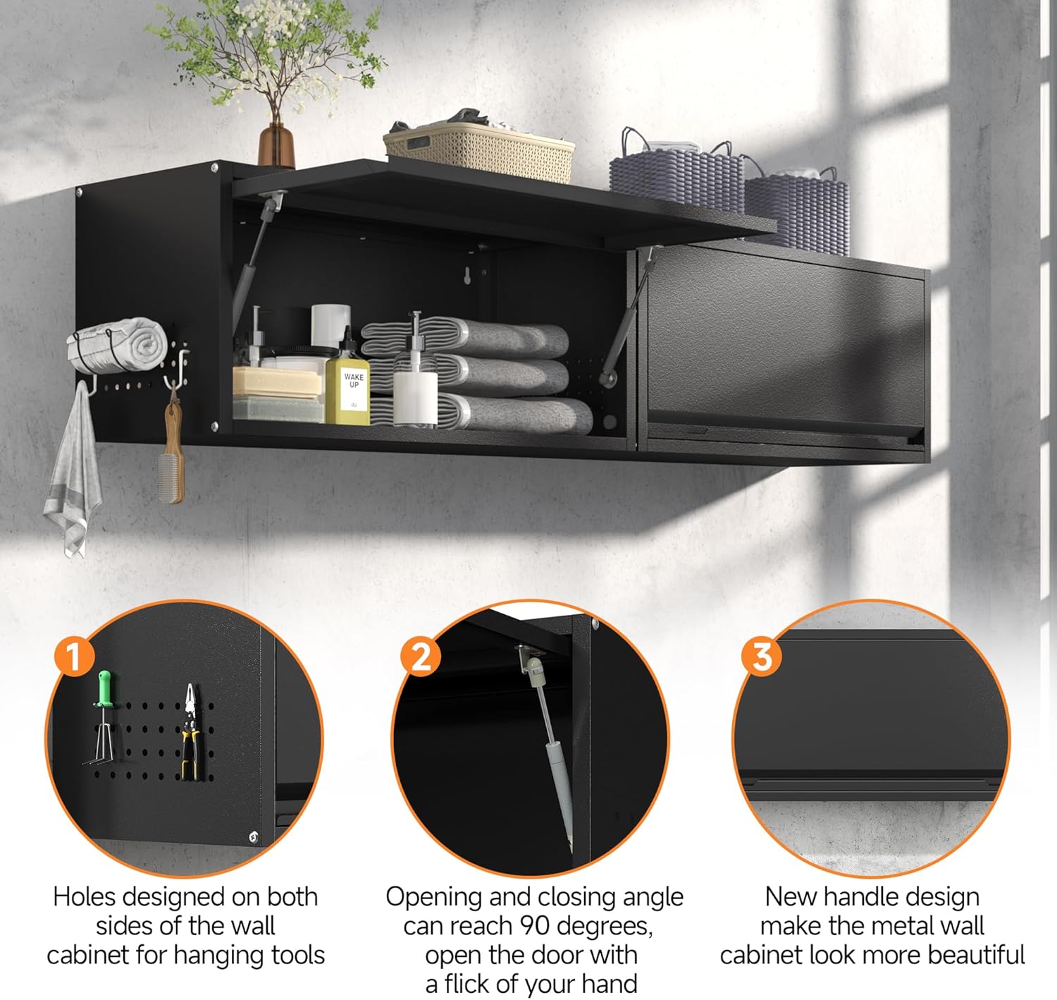 Coolsun Metal Wall Cabinet, Garage Wall Cabinet with Up-Flip Door, 31.5" W Wall Mounted Metal Storage Cabinet for Kitchen,Garage,Basement,Ware House Assembly Required (Black) - Image 4