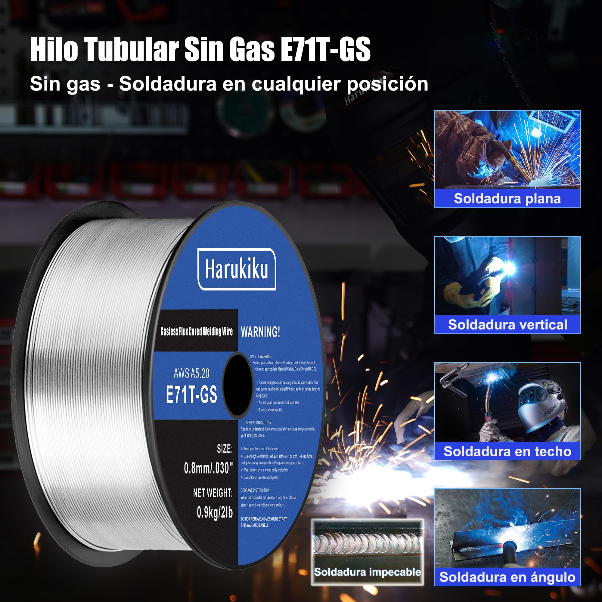 Hilo Tubular Sin Gas 0,8mm Peso neto: 0,9 kg - Carrete E71T-GS para Máquina Soldadura MIG, Soldadura Semiautomática Multiusos (Acero Dulce) 1 Unidad