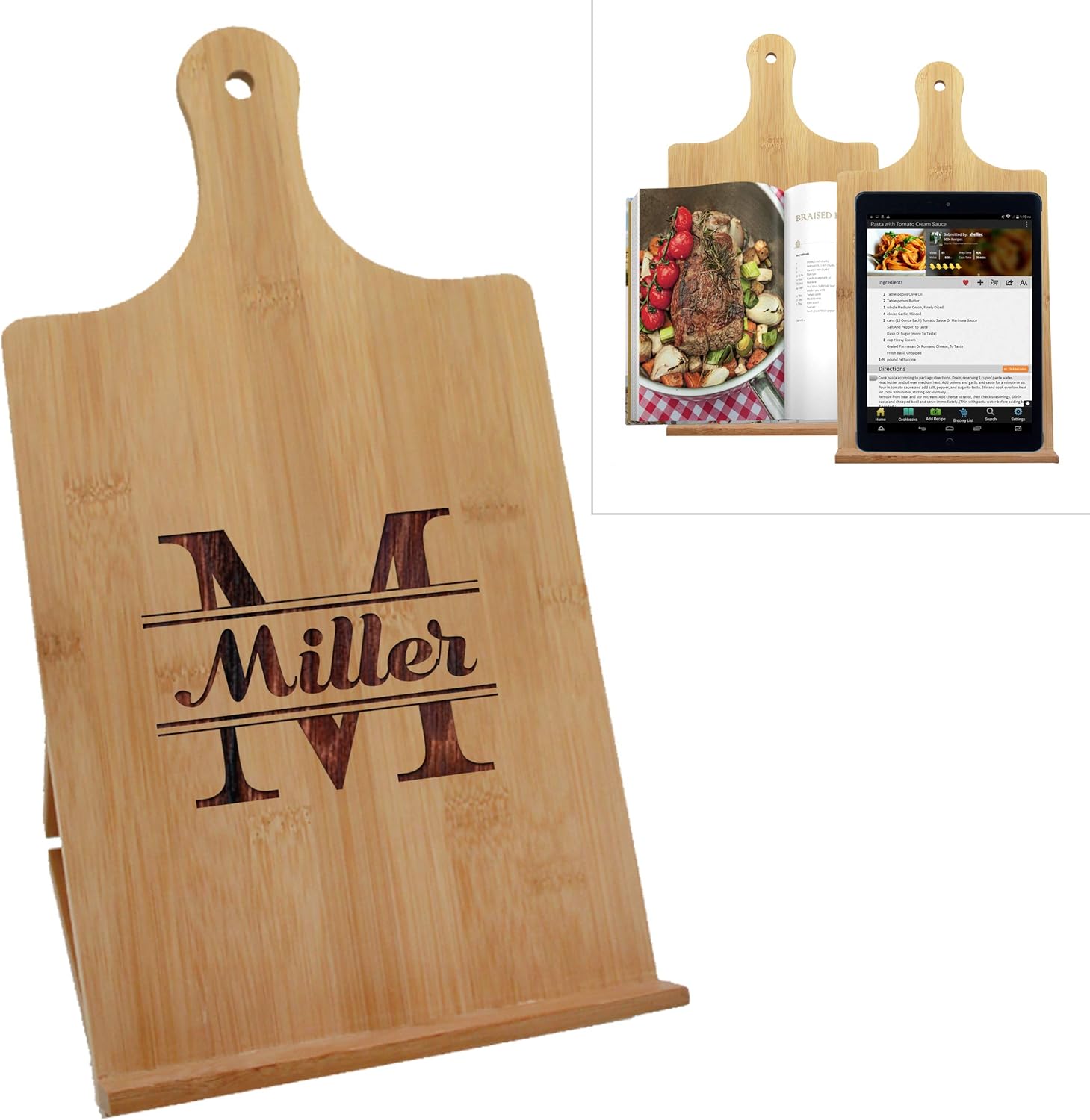Personalized Bamboo Cookbook Holder - Custom Monogrammed and Engraved Recipe Cook Book Stand - Wooden Housewarming, Kitchen Decor Gift (Horizontal - 10.25" x 10.25")