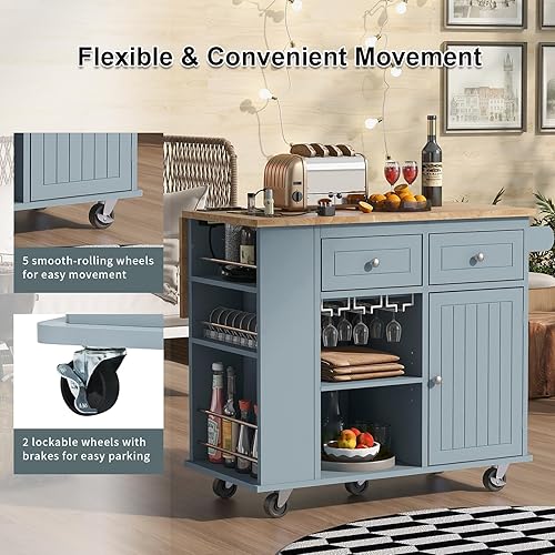 Miniatura 18 de NIOIIKIT Carrito de cocina con dos cajones y estantes abiertos, carrito de cocina con soportes para tazas de vino, mesa de cocina con toma de