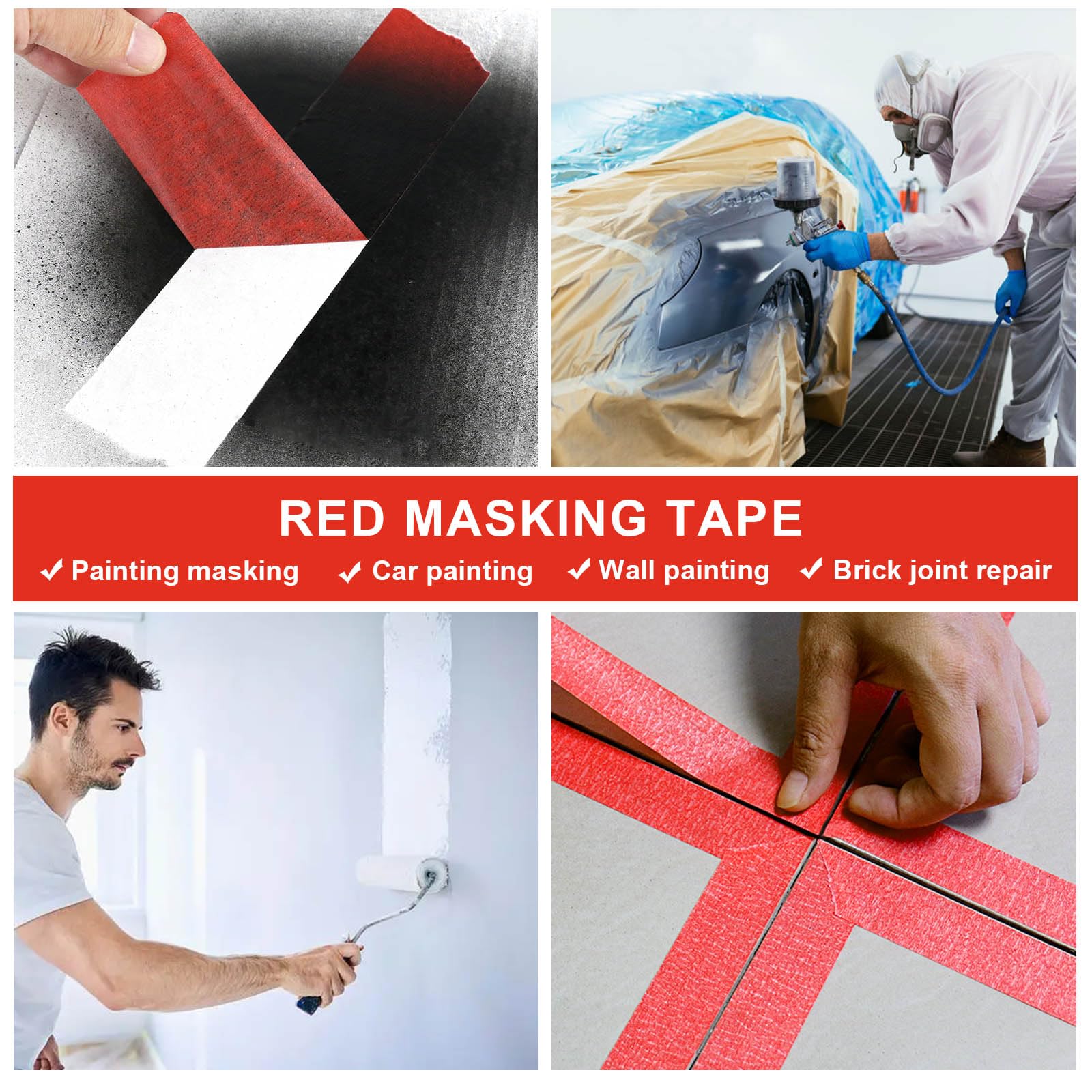 BOMEI PACK 5 rotoli di nastro adesivo per pittori, larghezza 5,1 cm x 50,1 m, nastro coprente per pittura, etichettatura, fai da te, decorazioni e progetti scolastici (rosso)