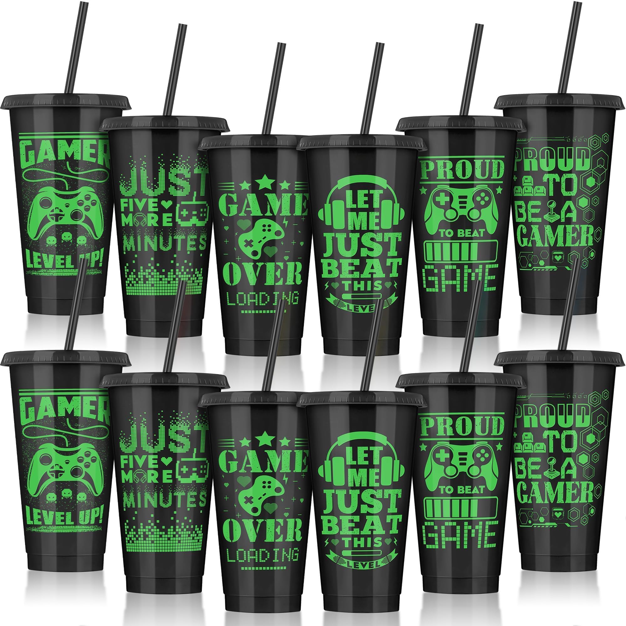 Kochorie 12 Pieces Video Game Plastic Cups 24 Ounces Gaming Party Cups with Lids and Straws Black Green Video Game Tumbler Cups for Birthday Party