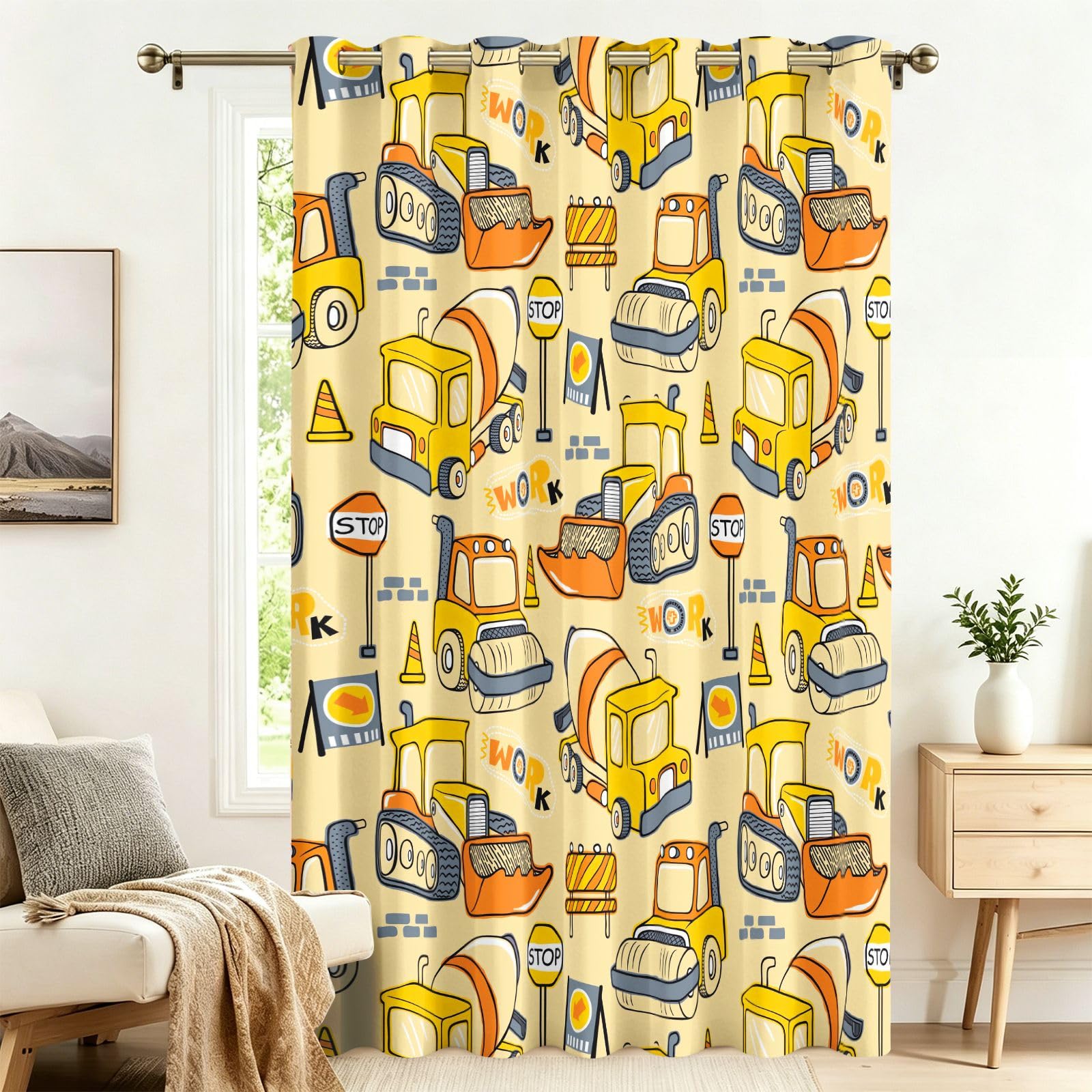 Fadaing Construction site: Excavator Curtains with Eyelets, 1 Piece, Room Divider Curtains, Blackout, 220 x 140 cm, Darkening Thermal Curtains, Heat-Insulating, Winter, Summer, Thermal Protection