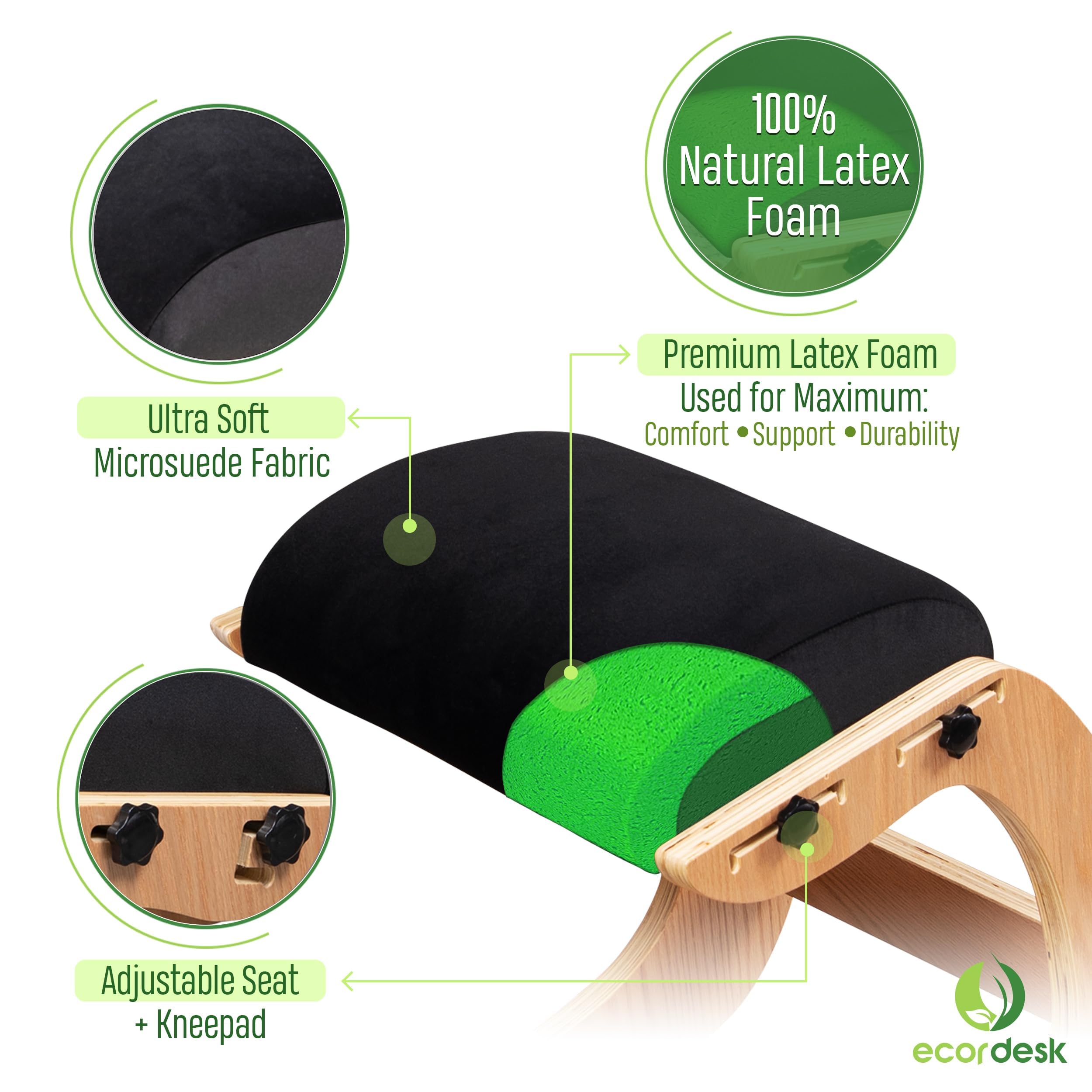 Ergonomischer Kniestuhl, verstellbarer Sitz - Bürostuhl für Schreibtisch, Haltungskorrektur, Premium-Komfortkissen, Schaukelkniestuhl aus Holz (schwarz)