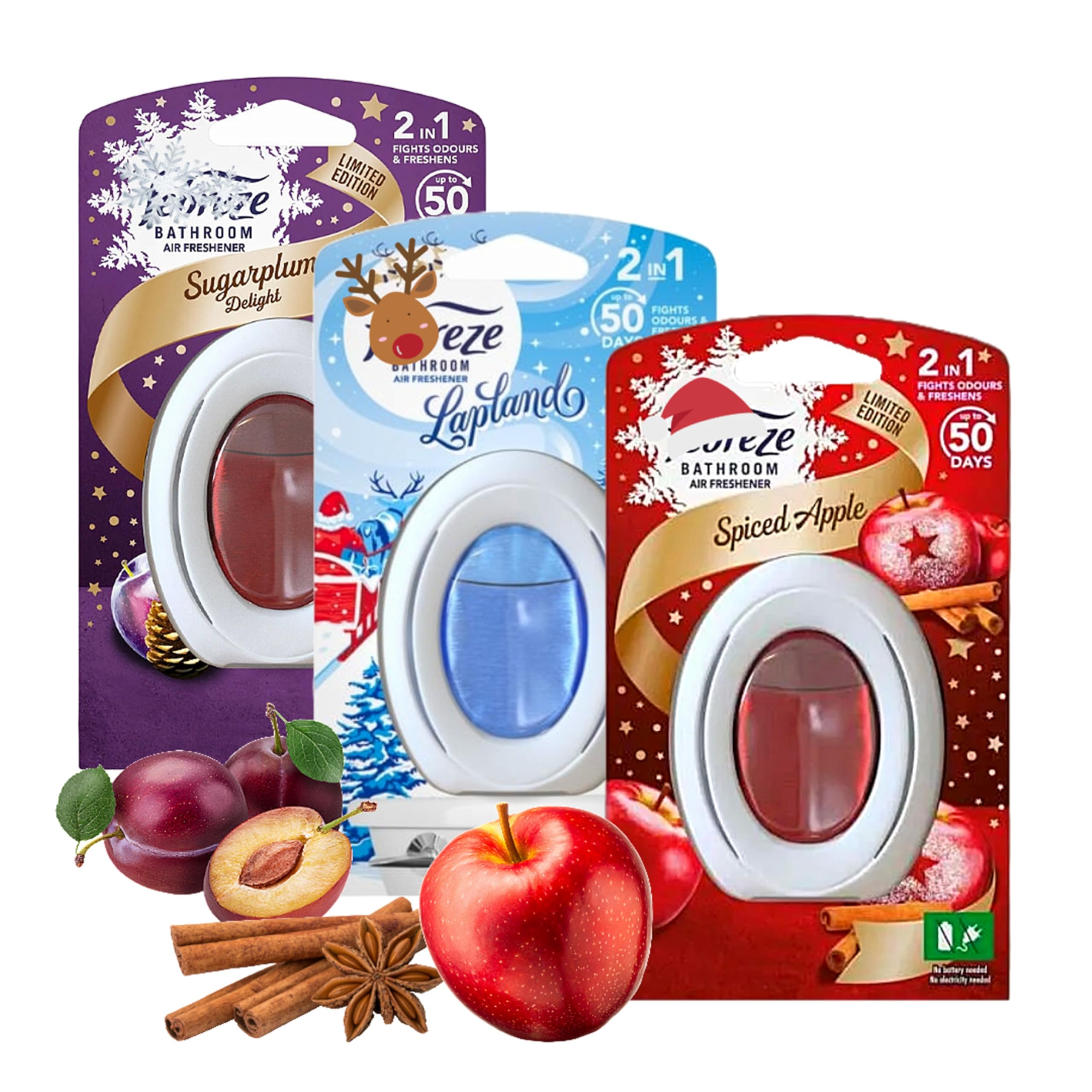 Bathroom Air Freshener Bundle - Limited Edition Spiced Apple, Sugarplum & Lapland Air Fresheners for Home with Topline Card. Odour Eliminator & Refresher for Toilet Bathroom Small Spaces
