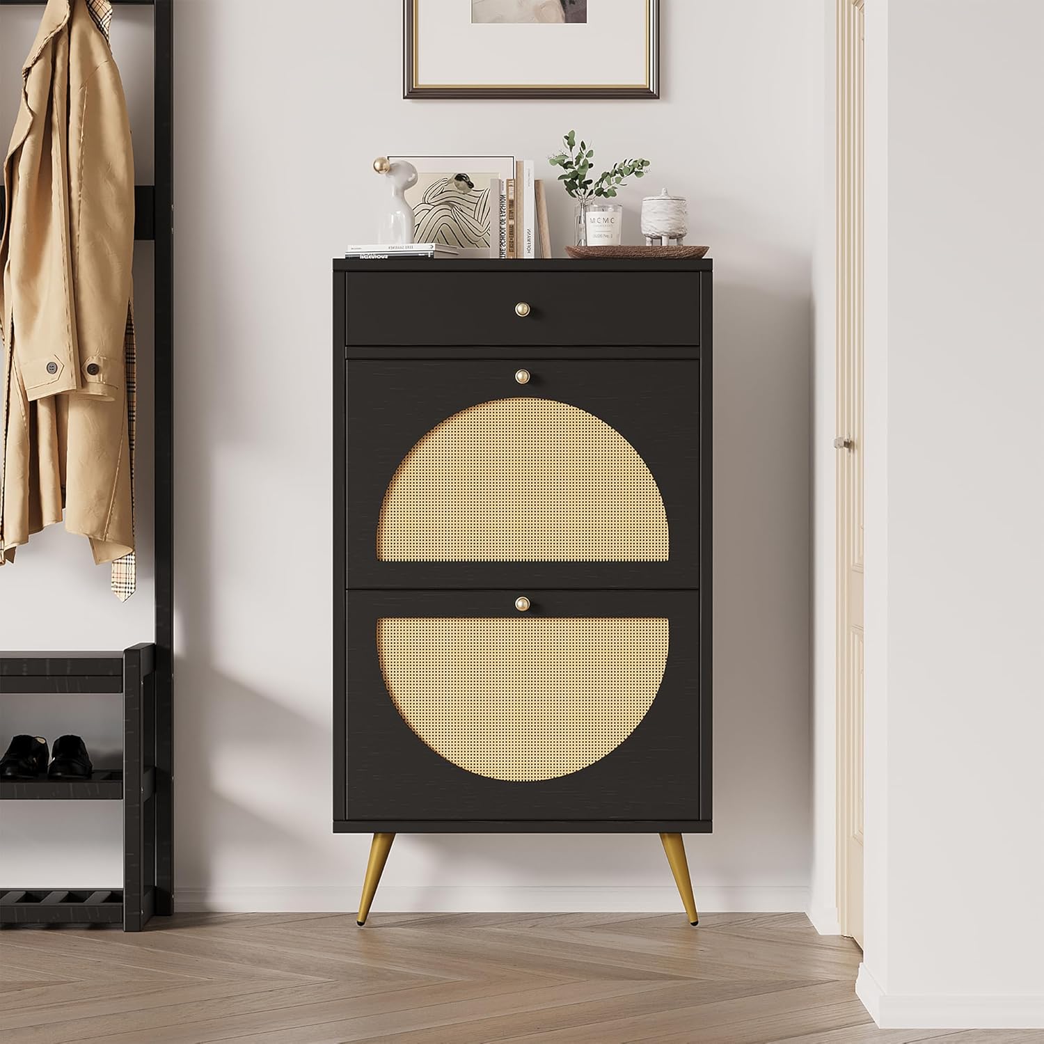 Shintenchi Shoe Rack Storage Cabinet with 2 Semi-Circular Rattan Doors and 1 Drawer, Freestanding Shoe Cabinet with Adjustable Shelf for Front Door Entrance, Hallway, Walnut