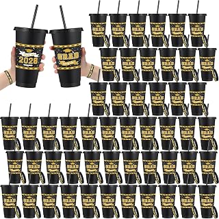 Skylety 50 Set Graduation Cups with Lids Straws 24oz Tumblers, Black | Class of 2026 Bracelets, Reusable Plastic Bulk for Party Supplies, Congrats Grad Events, Ceremony Celebration Favors
