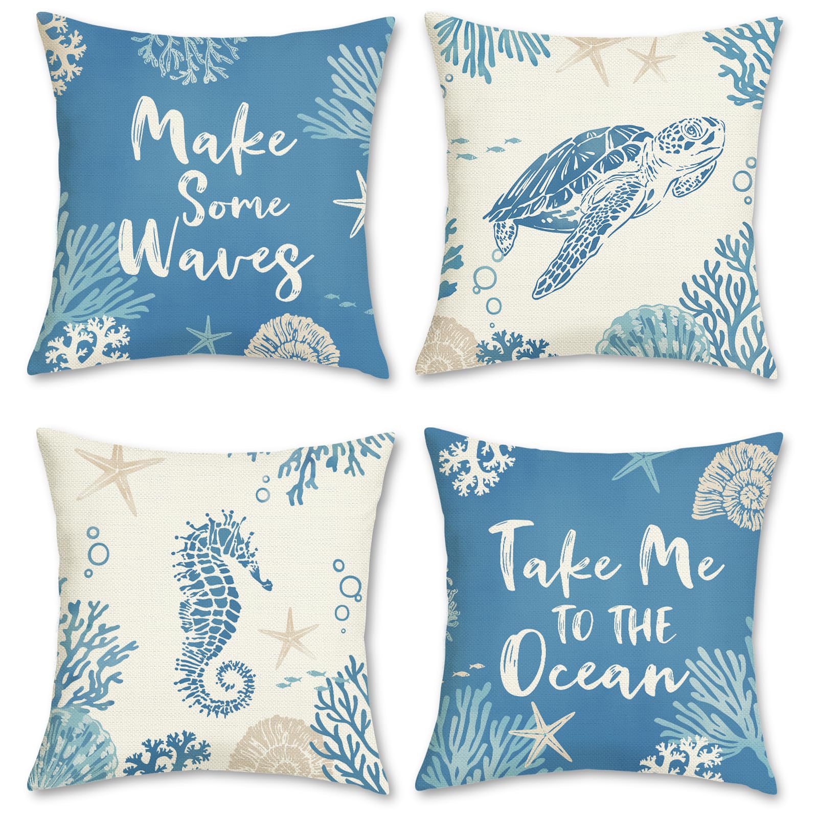 Bonhause Summer Coastal Cushion Covers 45 x 45 cm Sea Turtle Seahorse Blue Ocean Polyester Linen Decorative Throw Pillow Covers for Sofa Couch Bed Home Outdoor Decor Set of 4 — image 1