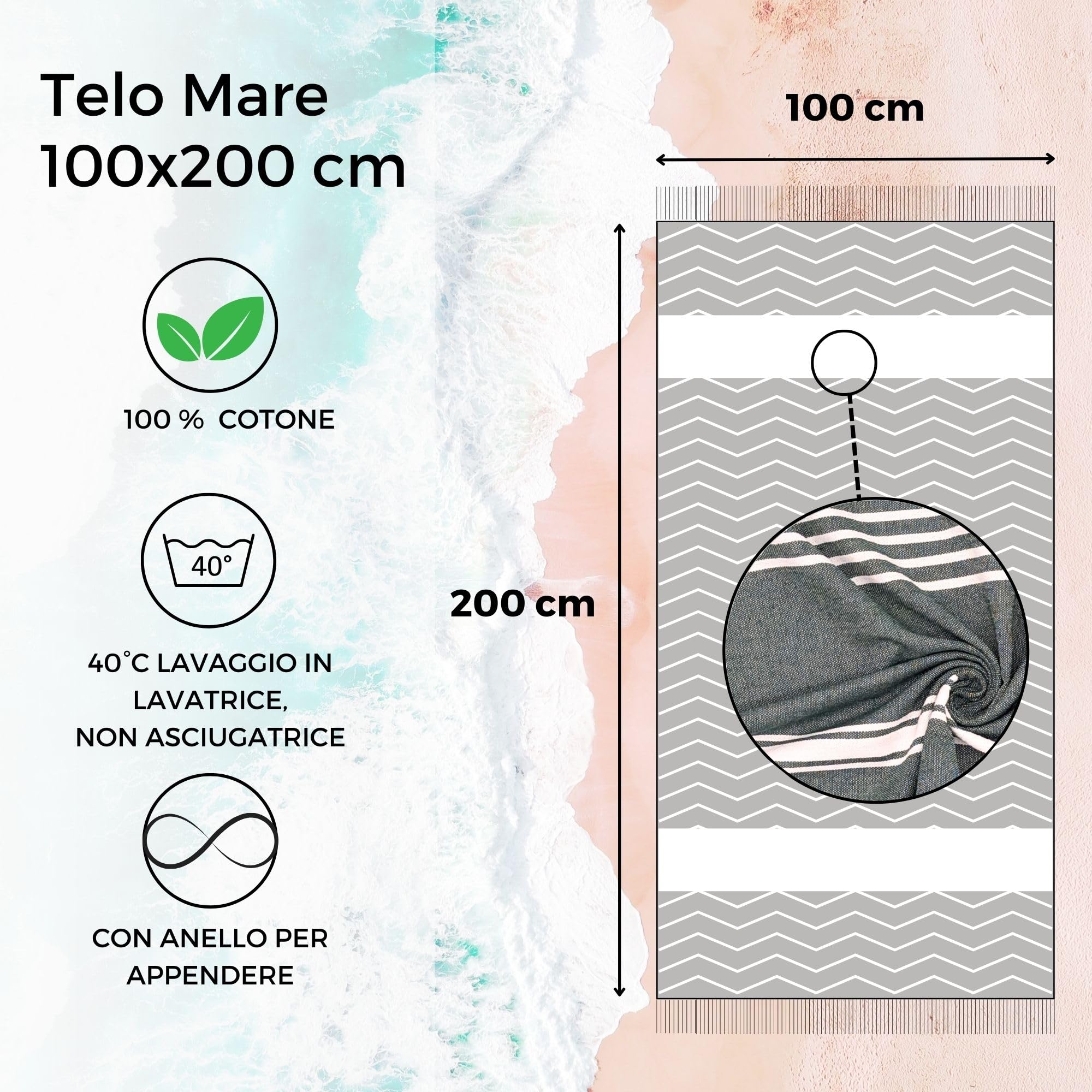 furora HOLIDAY Telo Mare Cotone - Grande 200x100 cm - Ultra Leggero - Asciugatura Rapida | Asciugamano Mare Donna e Uomo: Facile da Pulir - multifunzionale per Spiaggia, Piscina, Viaggio, Outdoor