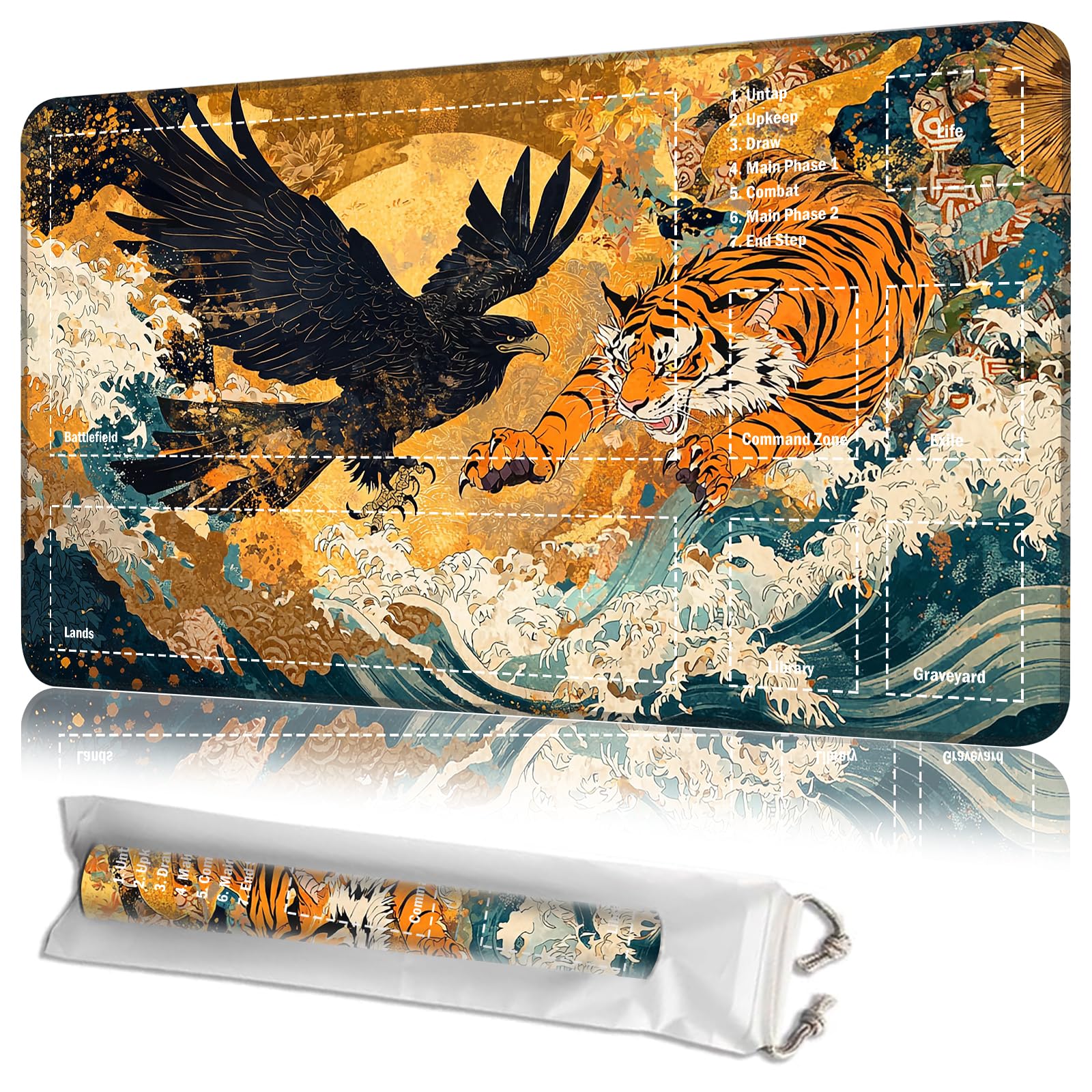JANENFNA Playmat 24" x 14" with Magic Zones for MTG Card Game Playing, Board Game Mat for Card Breaking Commander Deck Gaming Card Game Battles Mat with Storage Bags, Japanese Ukiyo-e Eagle and Tiger — image 1