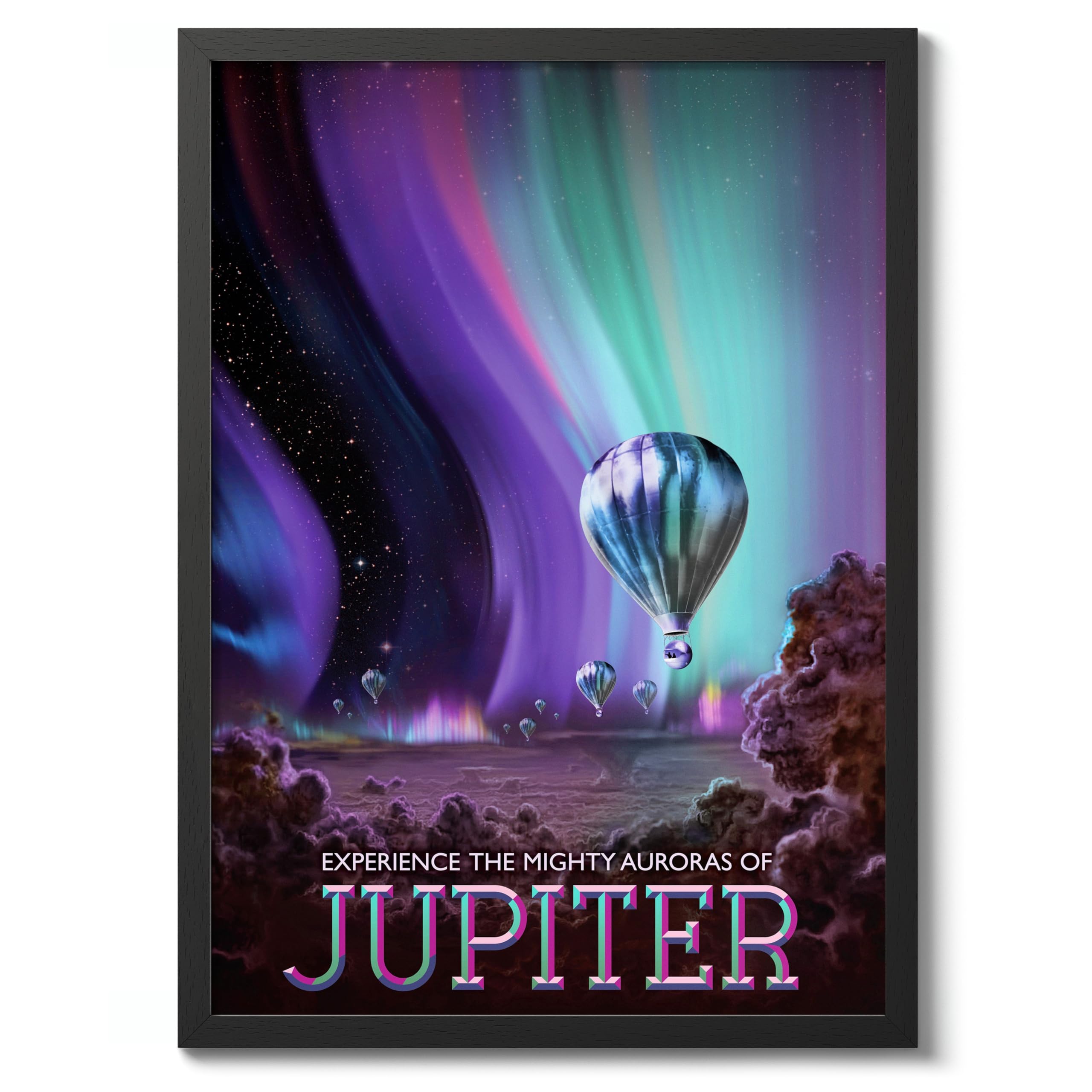 Jupiter's Auroras Retro Nasa Space Grand Tour Travel Art Poster, Planet Travel Prints, Vintage Astronomy Home Decor, Astronaut Space Print, Archival Matte, A4 (Black Frame) - 29.7x21cm