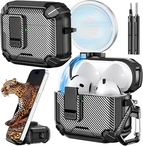 Miniatura 59 de Inesore Compatible con funda AirPods 4 con soporte para teléfono y kit de limpieza, Compatible con Magsafe, cerradura magnética automática