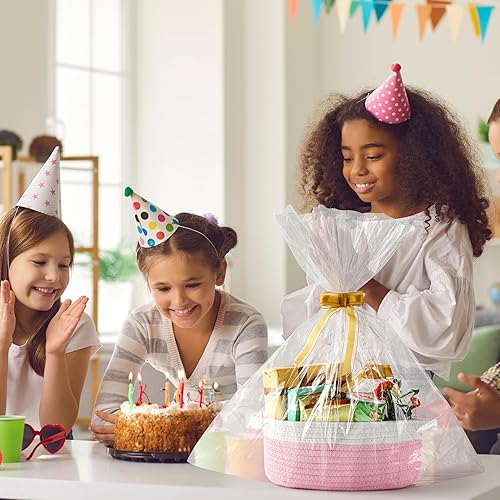 Miniatura 5 de Paquete de 2 canastas pequeñas tejidas con bolsas de regalo y cintas, caja de regalo decorativa vacía, bonita cesta de regalo para bebé para