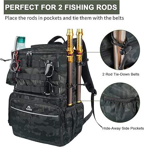 Miniatura 5 de MATEIN Mochila para Pesca, Bolsa de Equipo de Pesca Resistente al Agua con Soportes para Caña de Pescar y Enfriador, Regalos de Equipo para Hombres