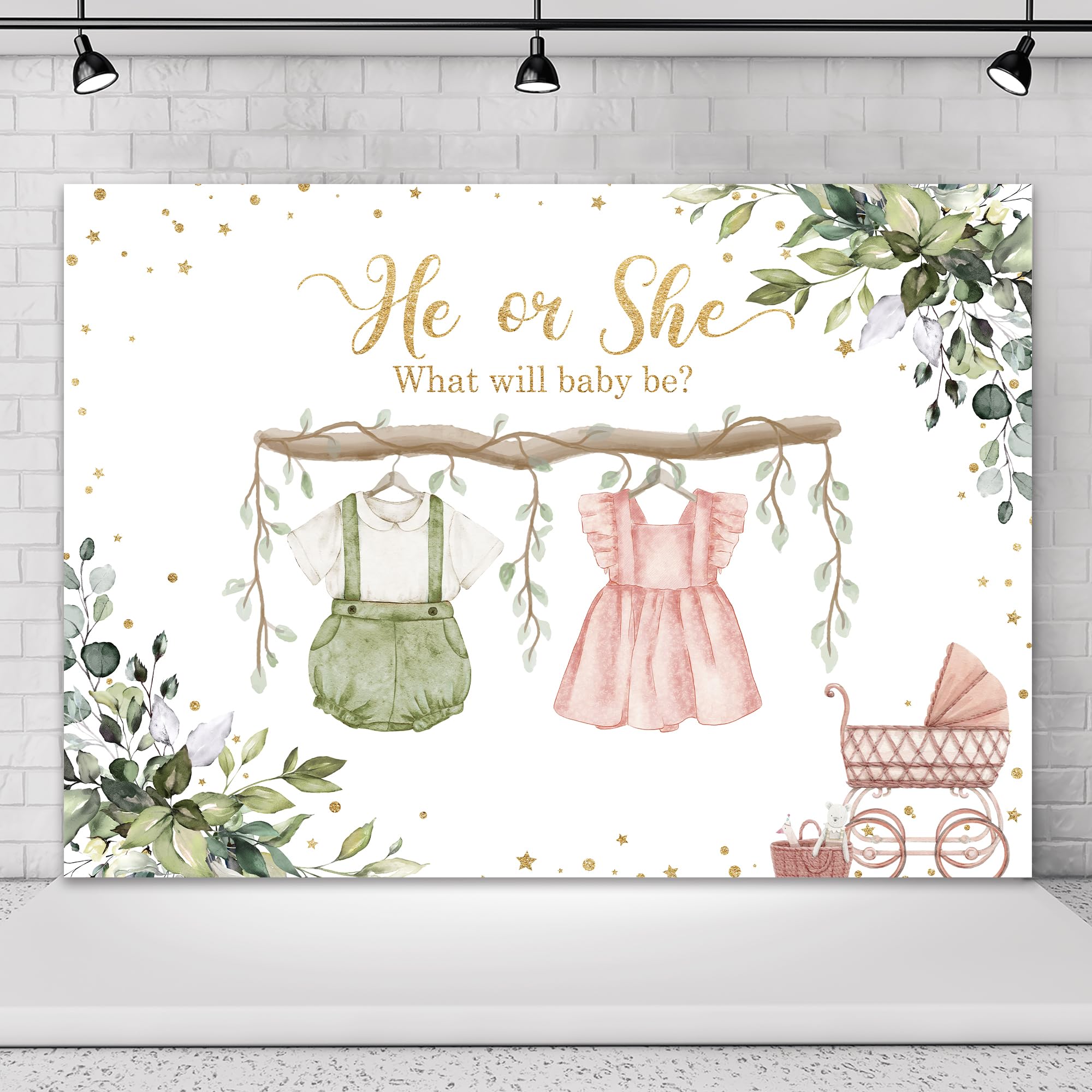 Omifly Gender Reveal 7Wx5H Backdrop for Photography Baby Shower He Or She Pink Green Watercolor Eucalyptus Leaves Cute Background Party Decorations