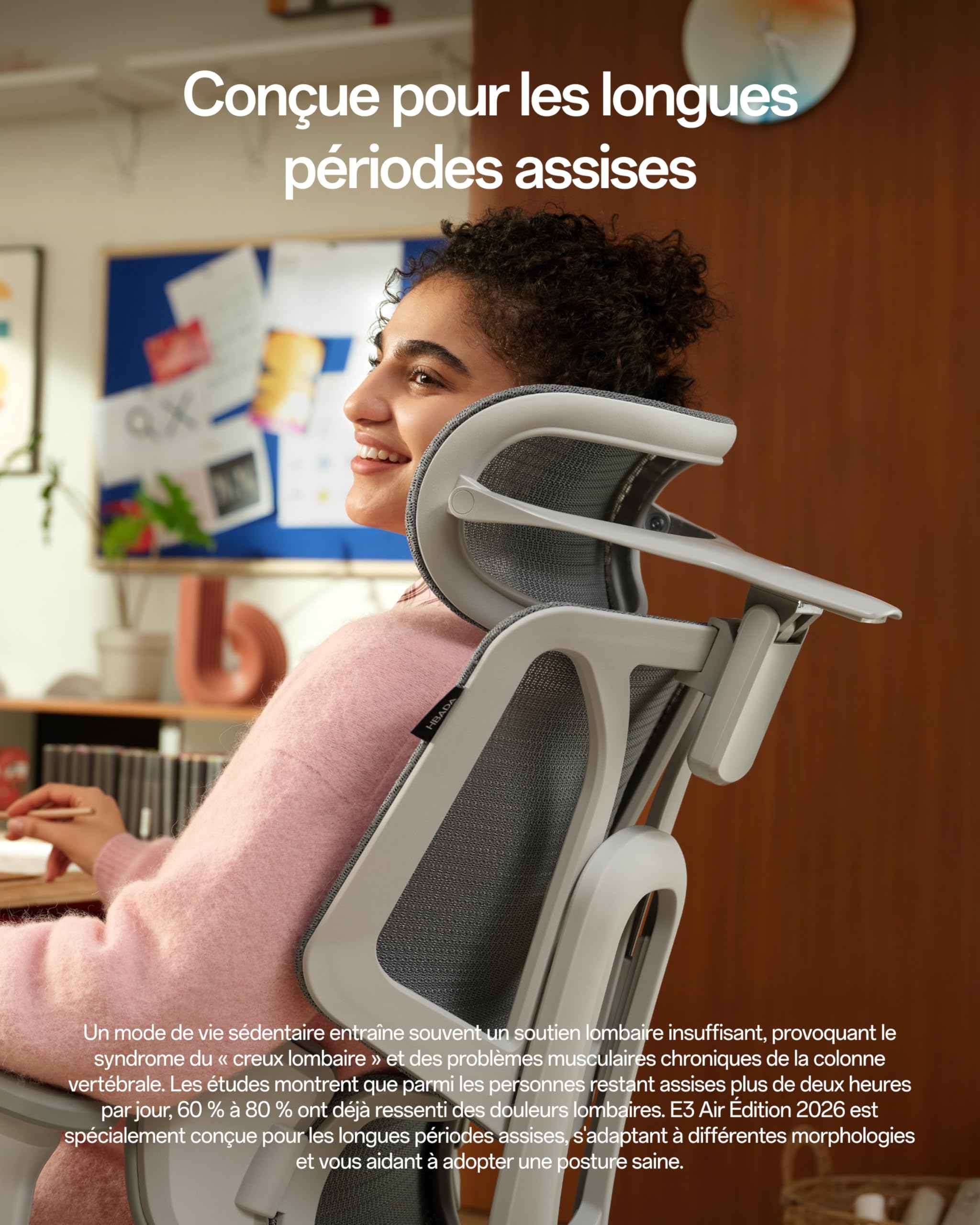 Hbada E3 Air 2026 Chaise de Bureau Ergonomique, Soutien Lombaire 3 Zones, Appui-Tête & Accoudoirs 4D Améliorés, Inclinaison 140°, Maille Respirante (Gris)